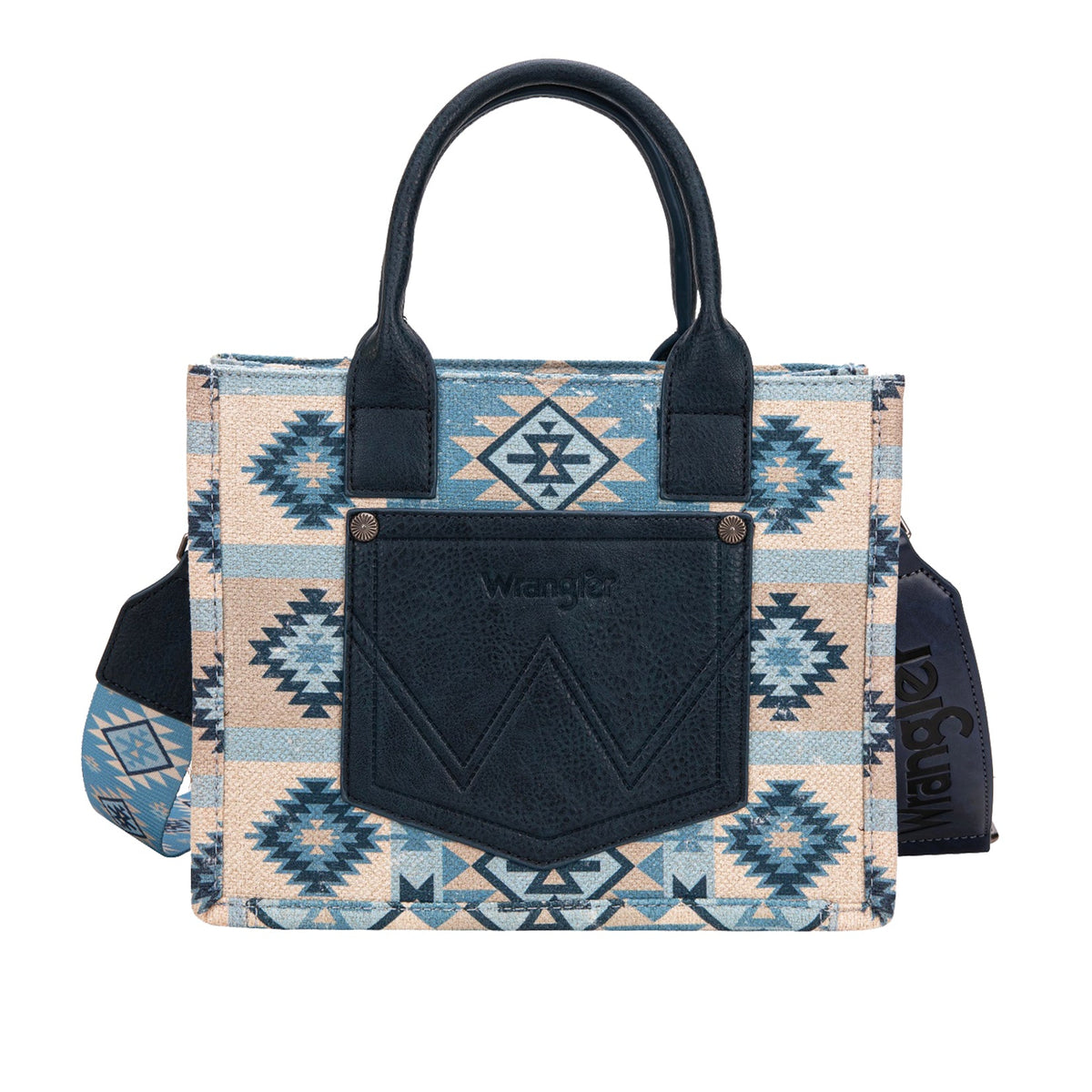 Wrangler Macy Blue Aztec Crossbody Bag. Handbag with blue and beige pattern on a white background