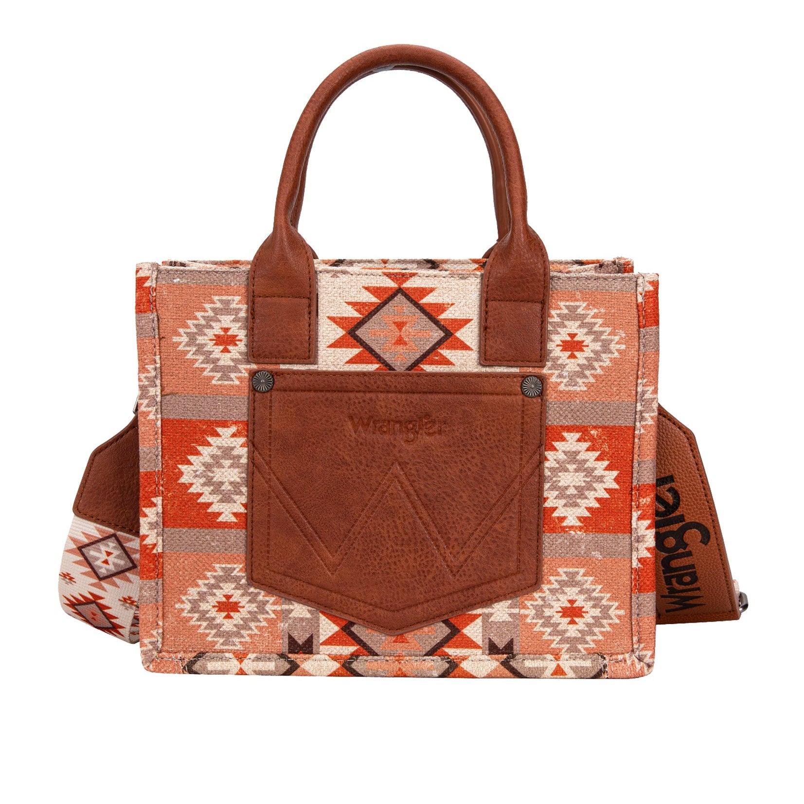 Wrangler Macy Tan Aztec Crossbody Bag. Patterned handbag with brown handles on a white background
