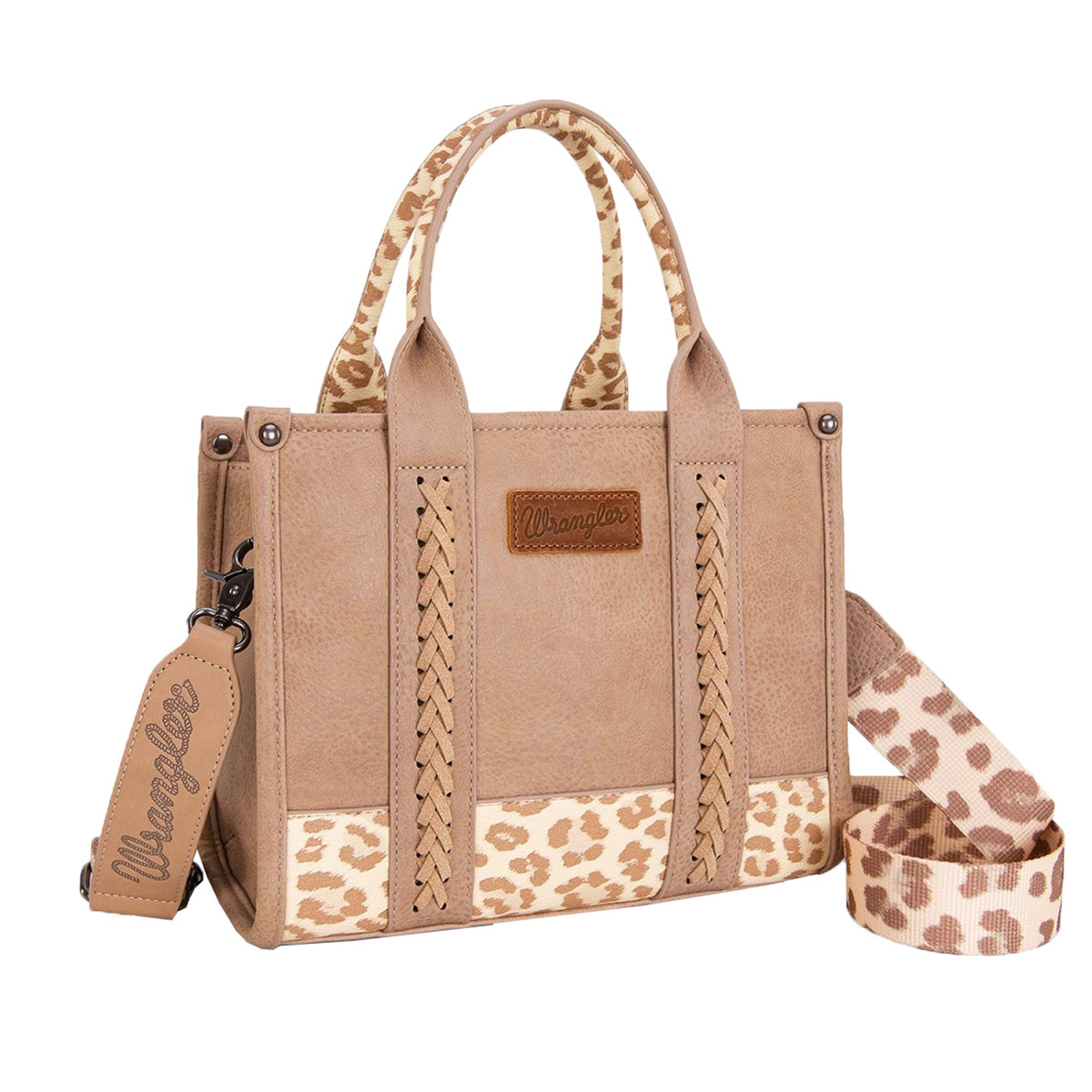 Wrangler Leopard Print Crossbody Bag. Brown handbag with leopard print accents on a white background