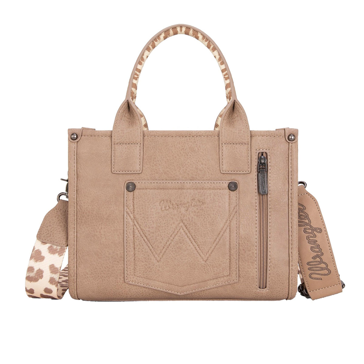 Wrangler Leopard Print Crossbody Bag. Beige handbag with cowhide accents on a white background