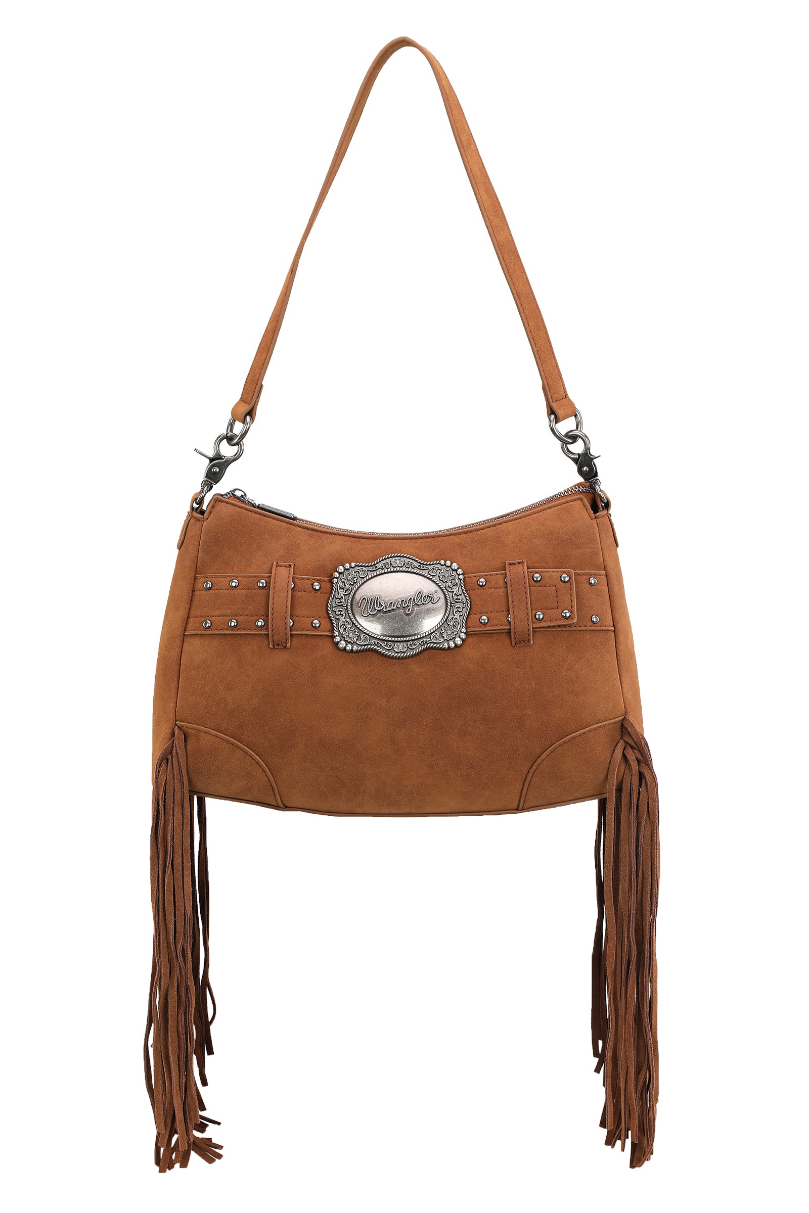 Wrangler Feature Buckle Shoulder Bag. Brown leather handbag with fringes and a silver buckle on a white background