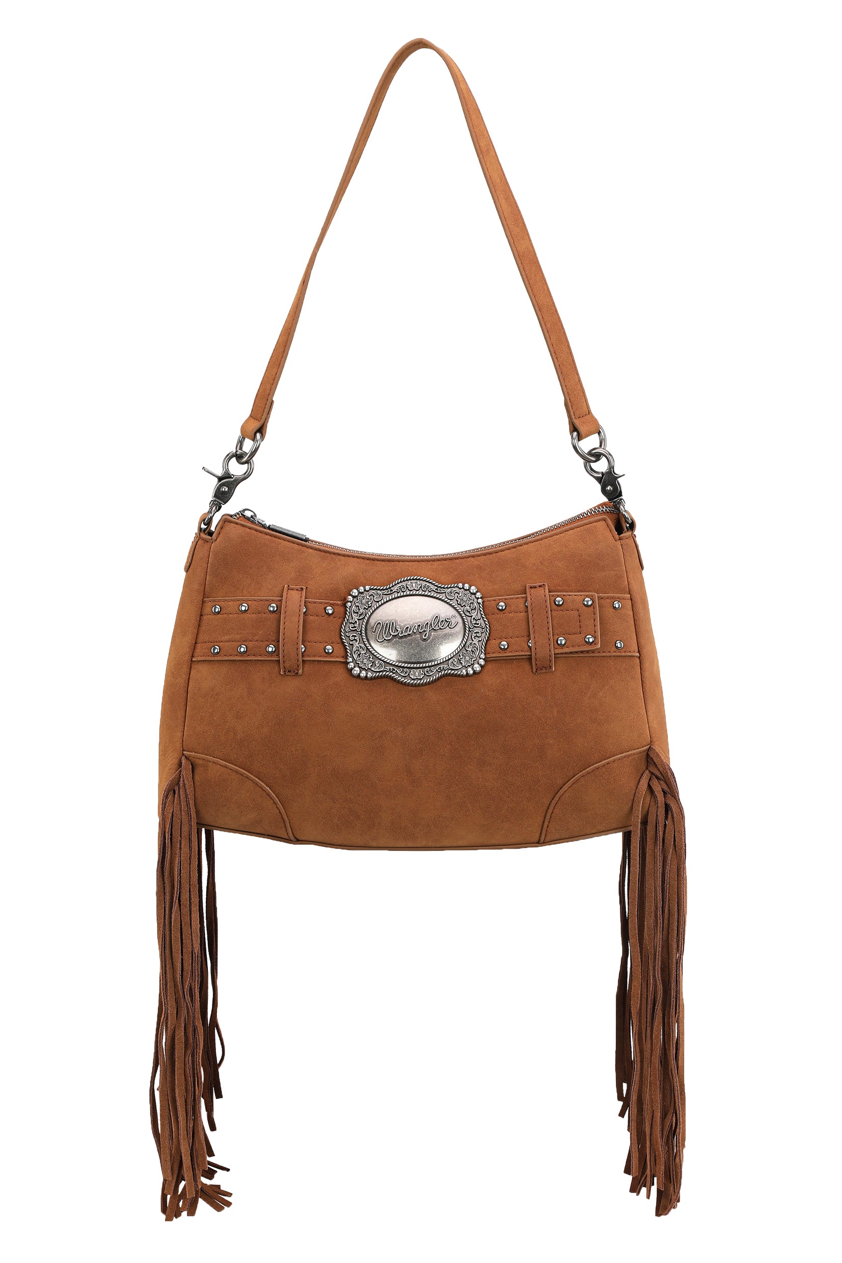 Wrangler Feature Buckle Shoulder Bag. Brown leather handbag with fringes and a silver buckle on a white background