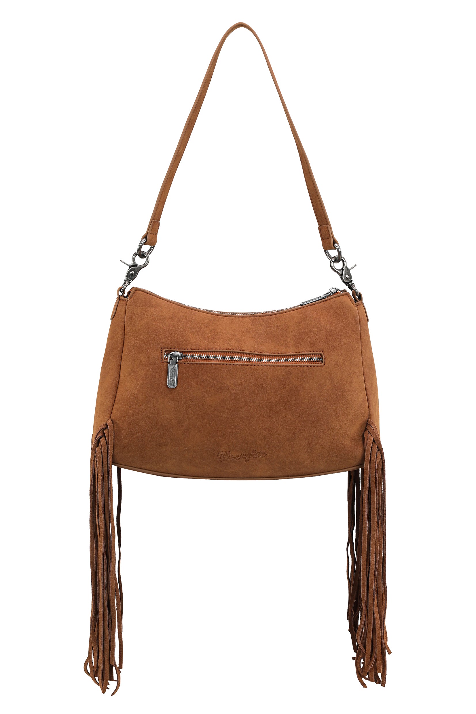 Wrangler Feature Buckle Shoulder Bag. Brown leather handbag with fringes and a silver buckle on a white background