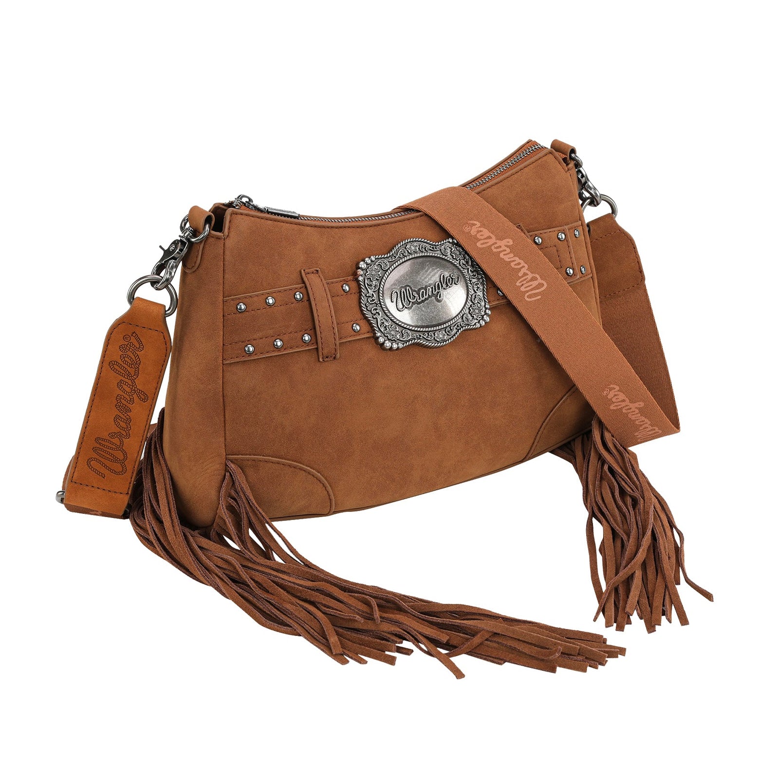 Wrangler Feature Buckle Shoulder Bag. Brown leather handbag with fringes and a concho on a white background