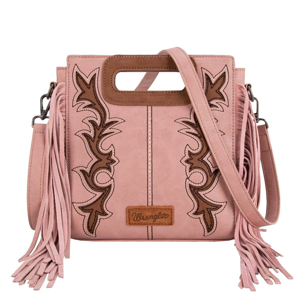 Wrangler Dallas Pink Fringe Bag. Pink handbag with brown leather accents and tassels on a white background