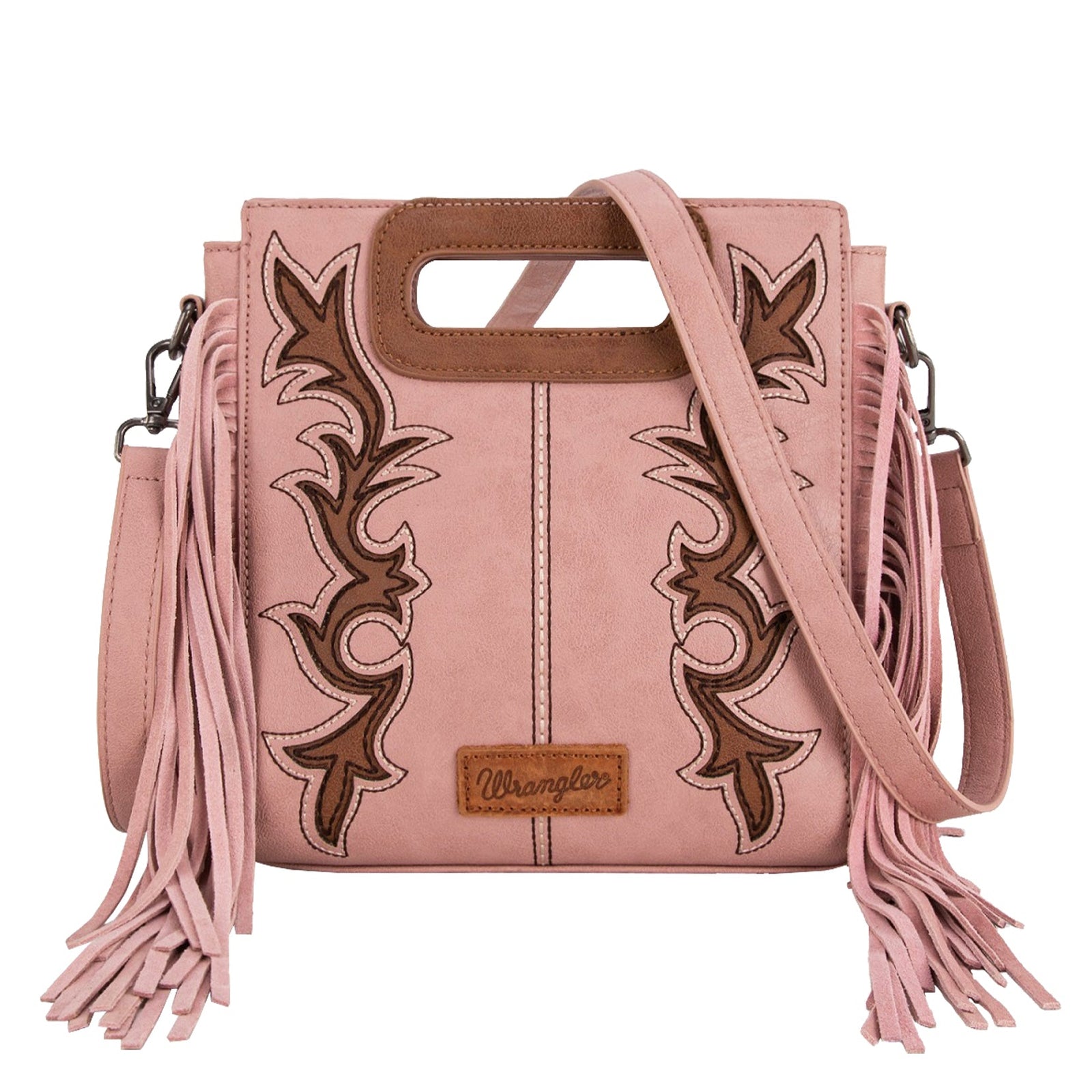 Wrangler Dallas Pink Fringe Bag. Pink handbag with brown leather accents and tassels on a white background