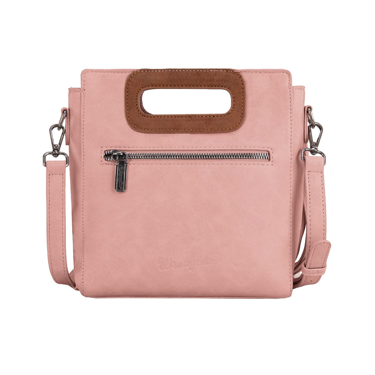 Wrangler Dallas Pink Fringe Bag. Pink handbag with a brown handle on a white background