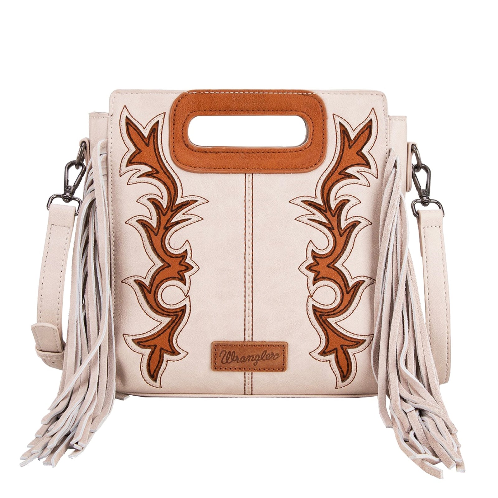 Wrangler Dallas Beige Fringe Bag. Handbag with decorative patterns and fringes on a white background