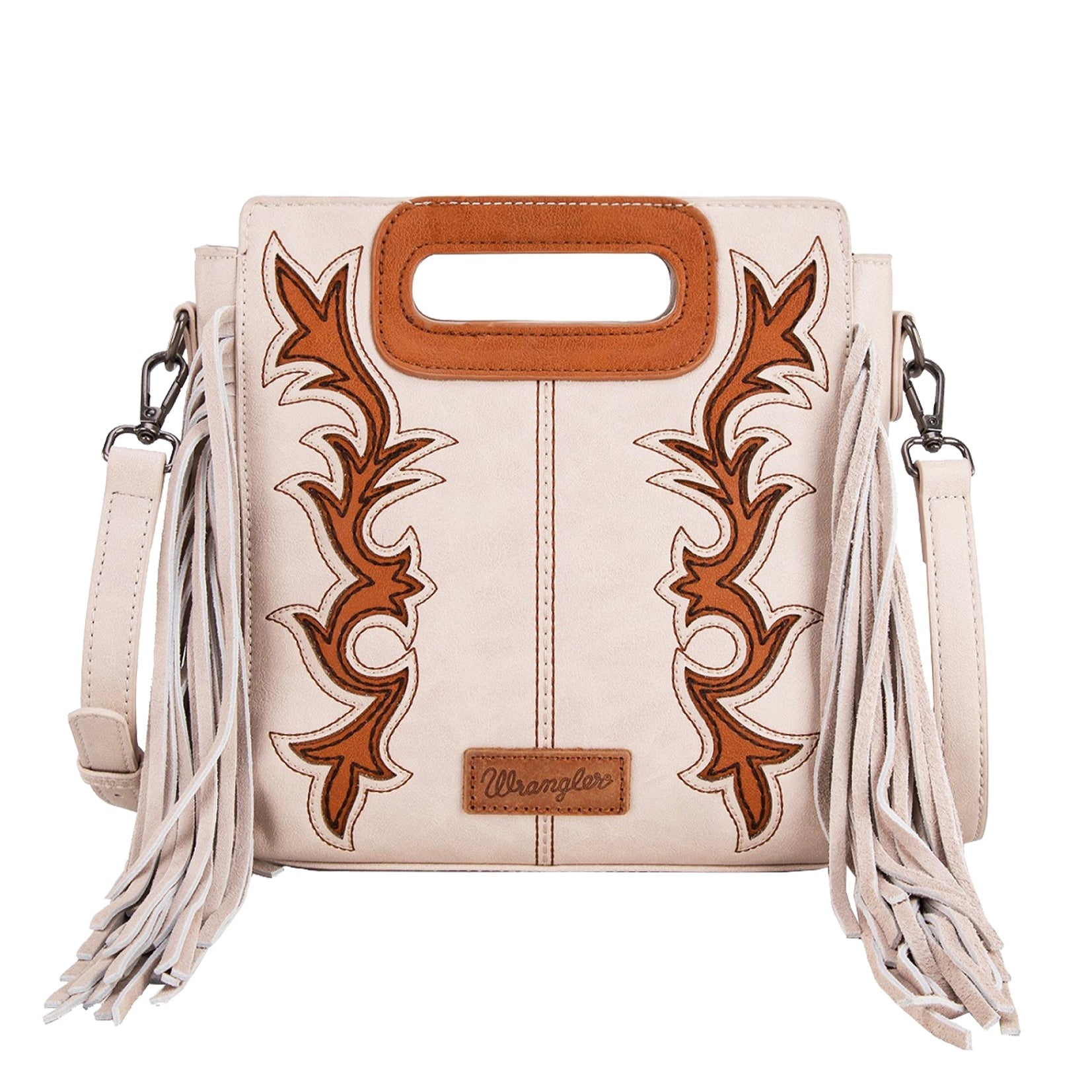 Wrangler Dallas Beige Fringe Bag. Handbag with decorative patterns and fringes on a white background
