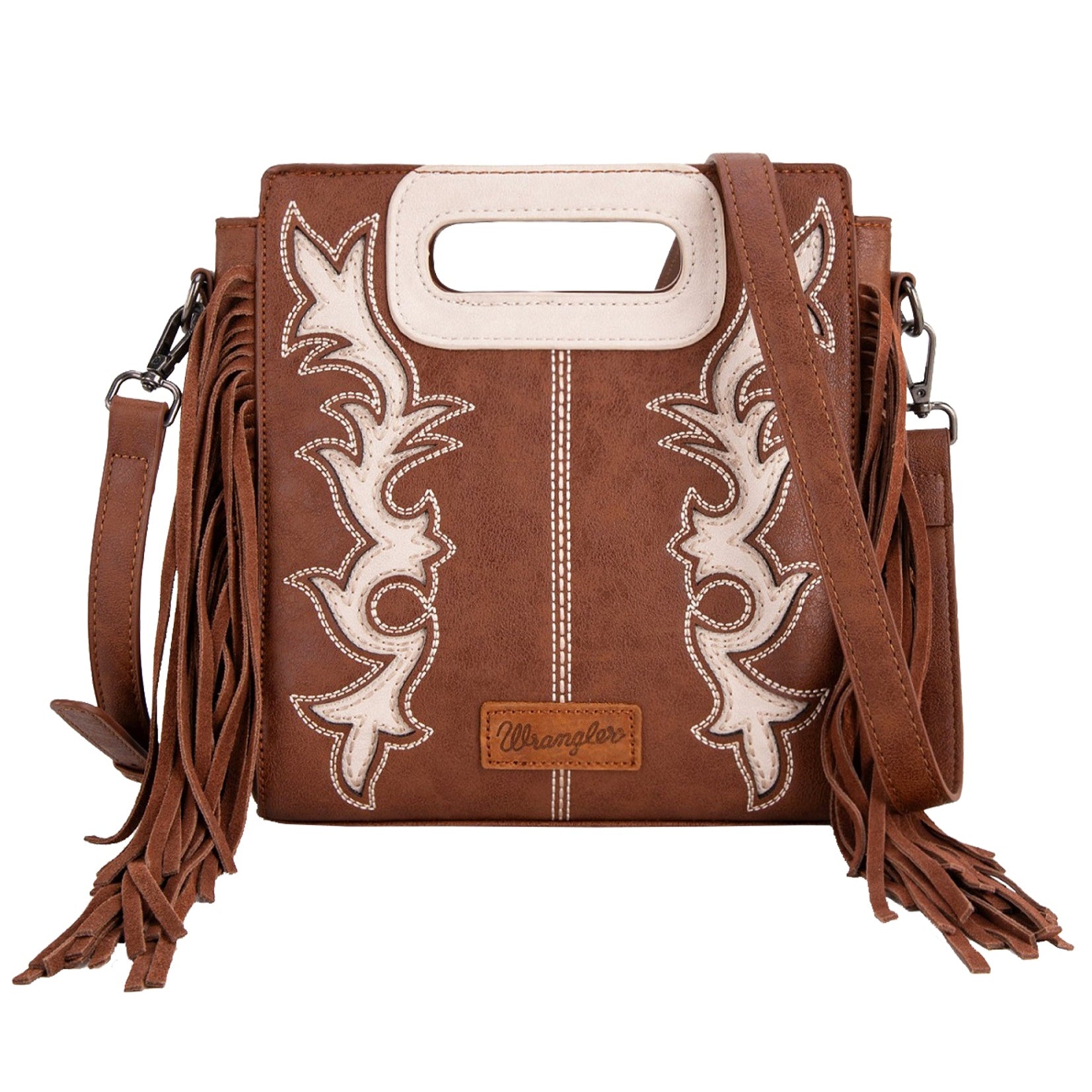 Wrangler Dallas Coffee Fringe Bag. Brown handbag with white embroidery and fringes on a white background