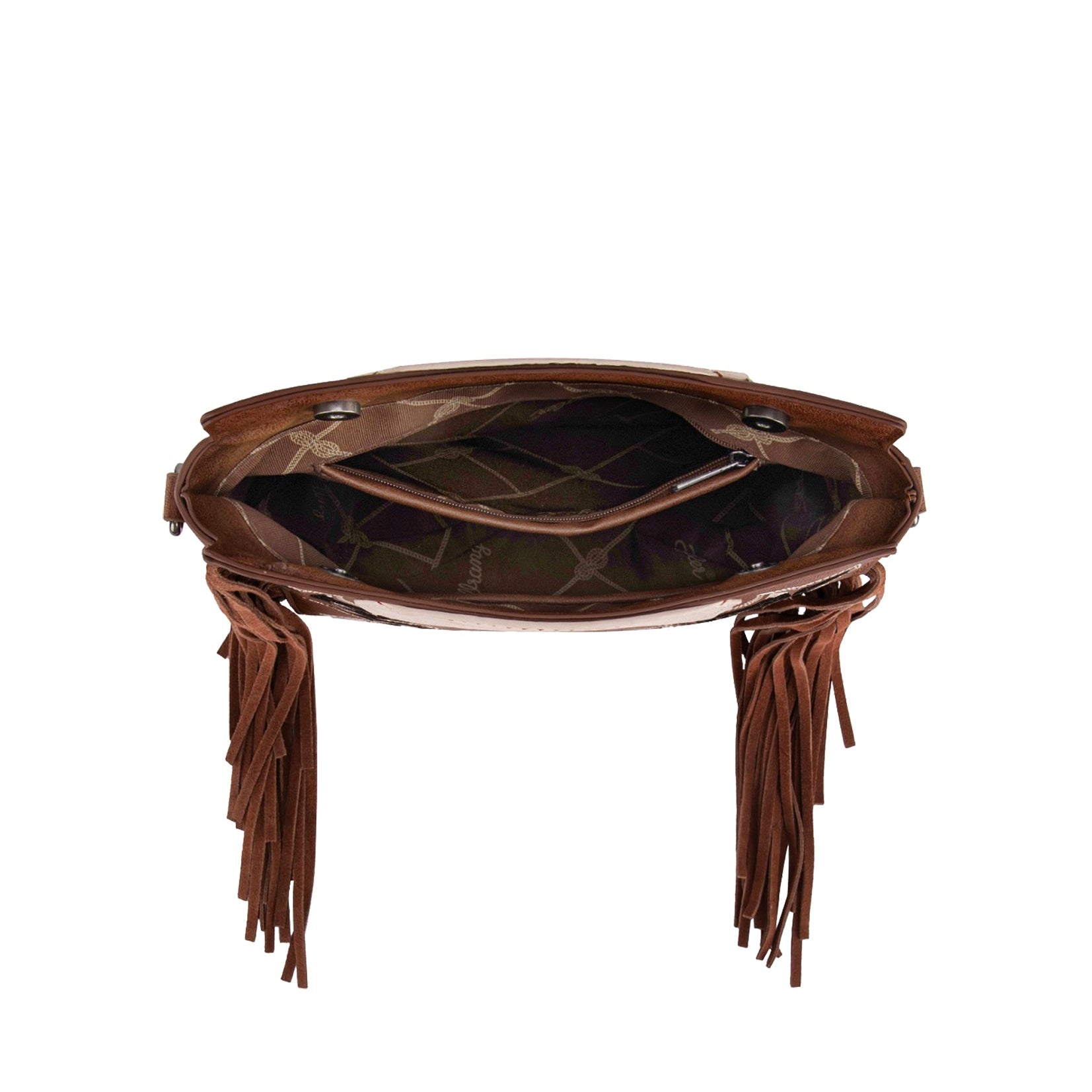 Wrangler Dallas Coffee Fringe Bag. Brown leather handbag with fringe details on a white background
