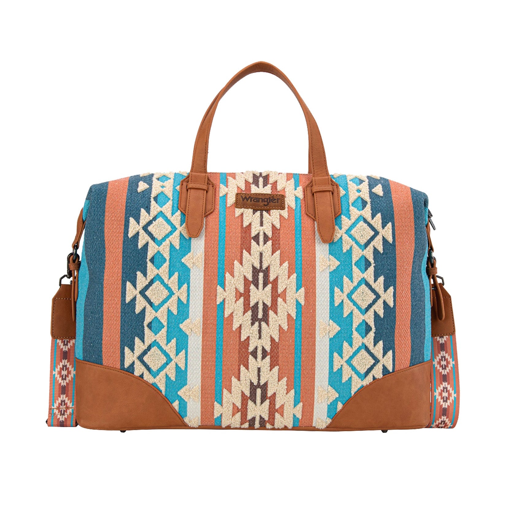 Wrangler Cilia Aztec Duffle Bag. Multicolored patterned bag with brown accents on a white background