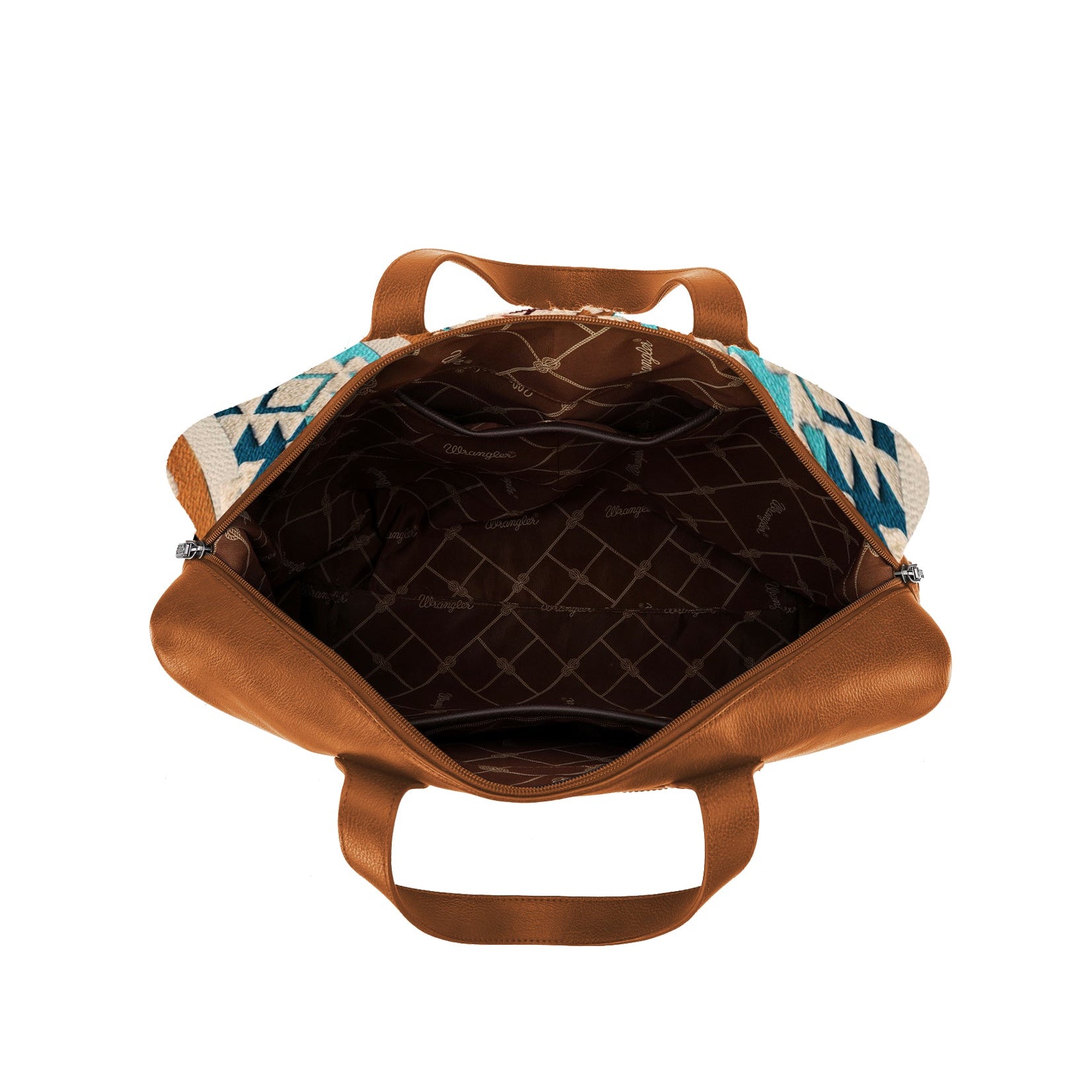 Wrangler Cilia Aztec Duffle Bag. Brown leather duffel bag with patterned flap on a white background