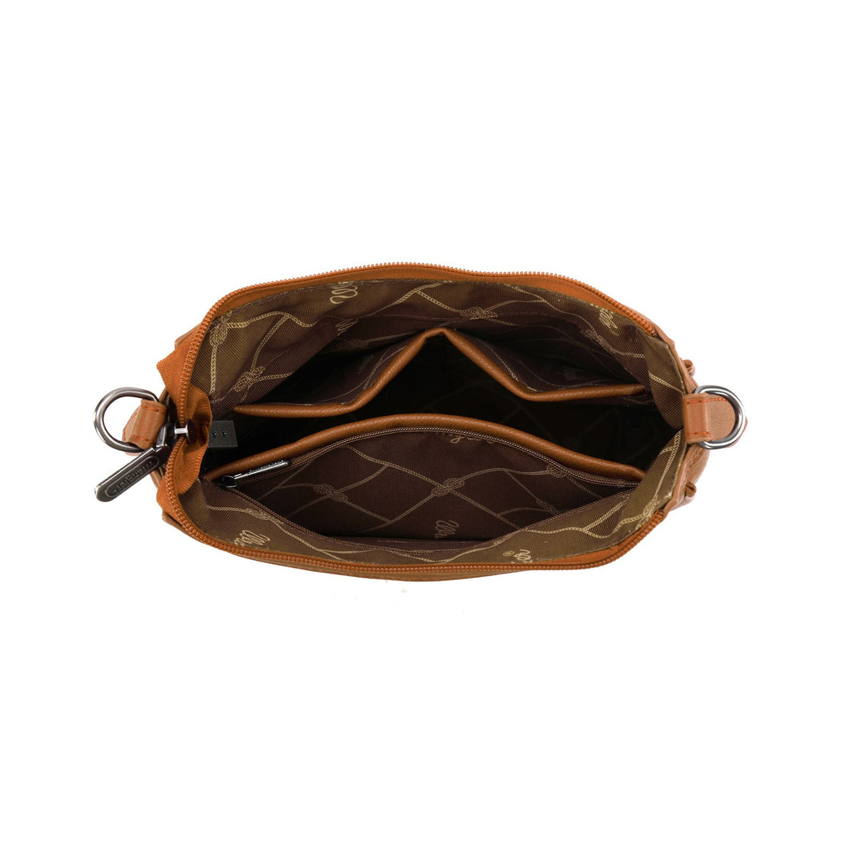Wrangler Cilia Aztec Crossbody Bag. Brown leather bag with open interior on a white background