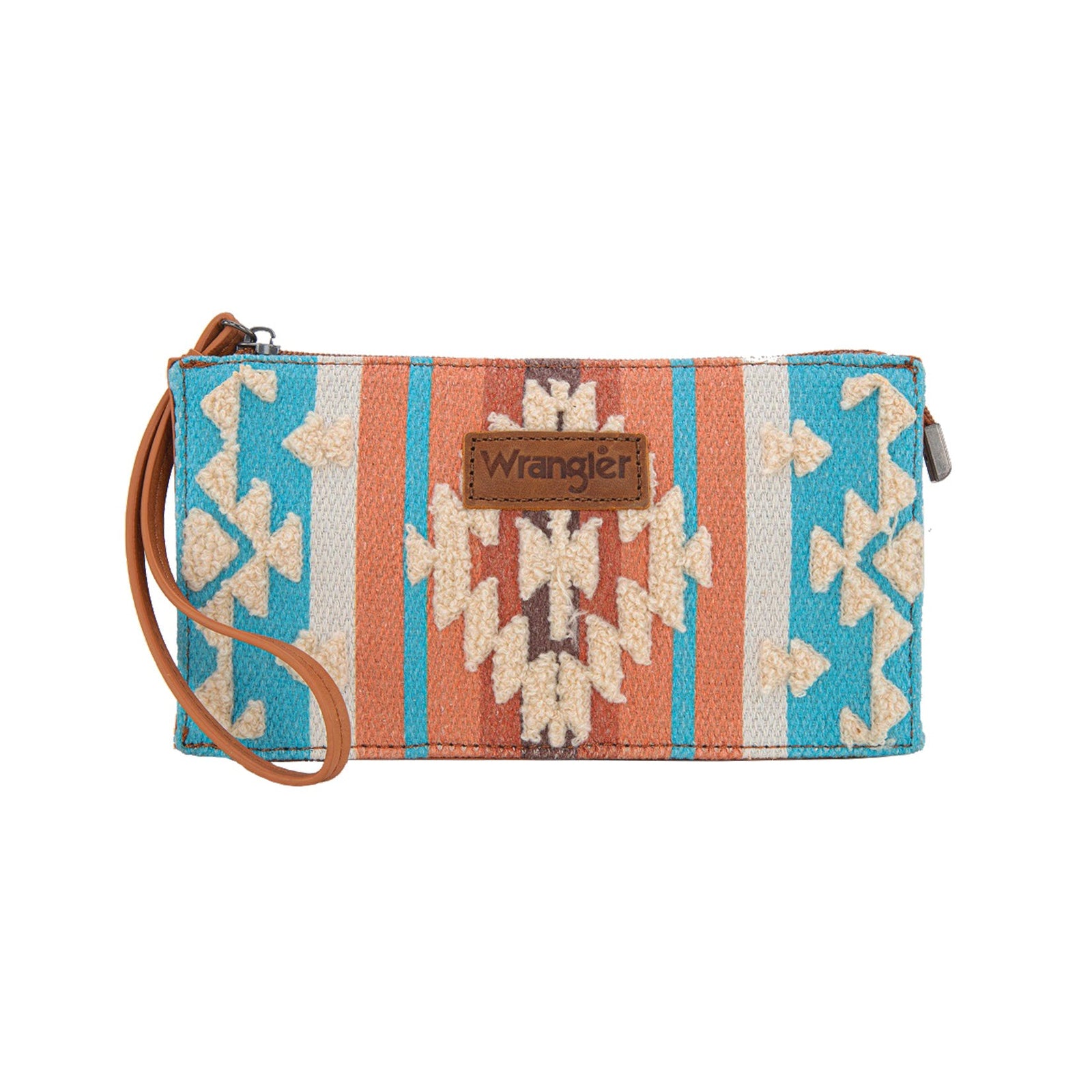 Wrangler Cilia Aztec Wristlet Purse. Wristlet with tribal pattern and Wrangler logo on a white background