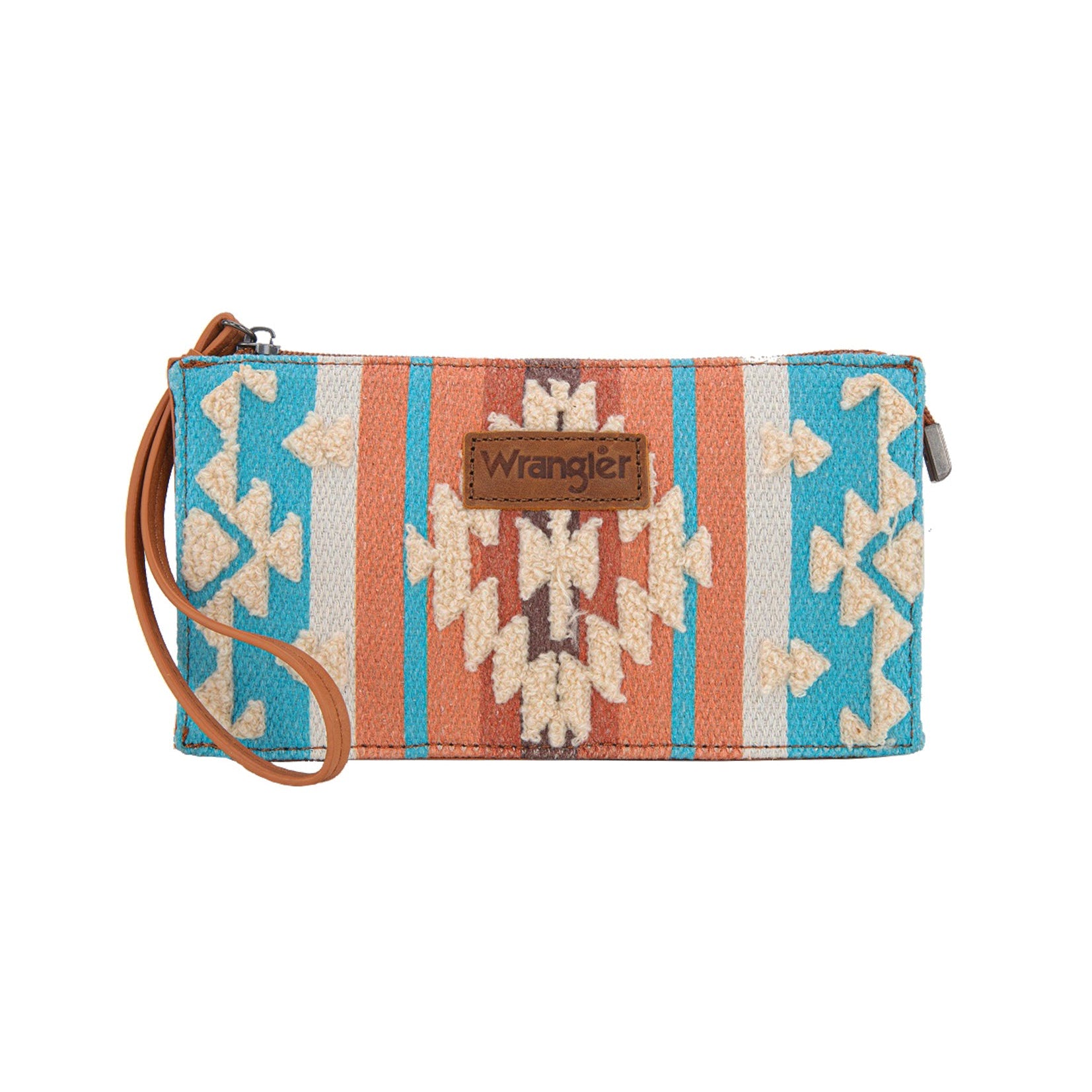 Wrangler Cilia Aztec Wristlet Purse. Wristlet with tribal pattern and Wrangler logo on a white background