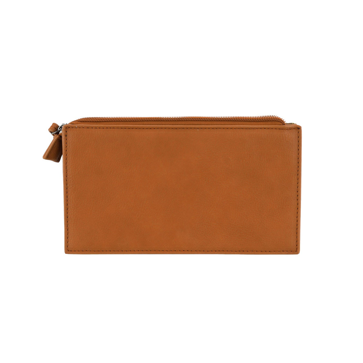 Wrangler Cilia Aztec Wristlet Purse. Brown leather pouch with a zipper on a white background