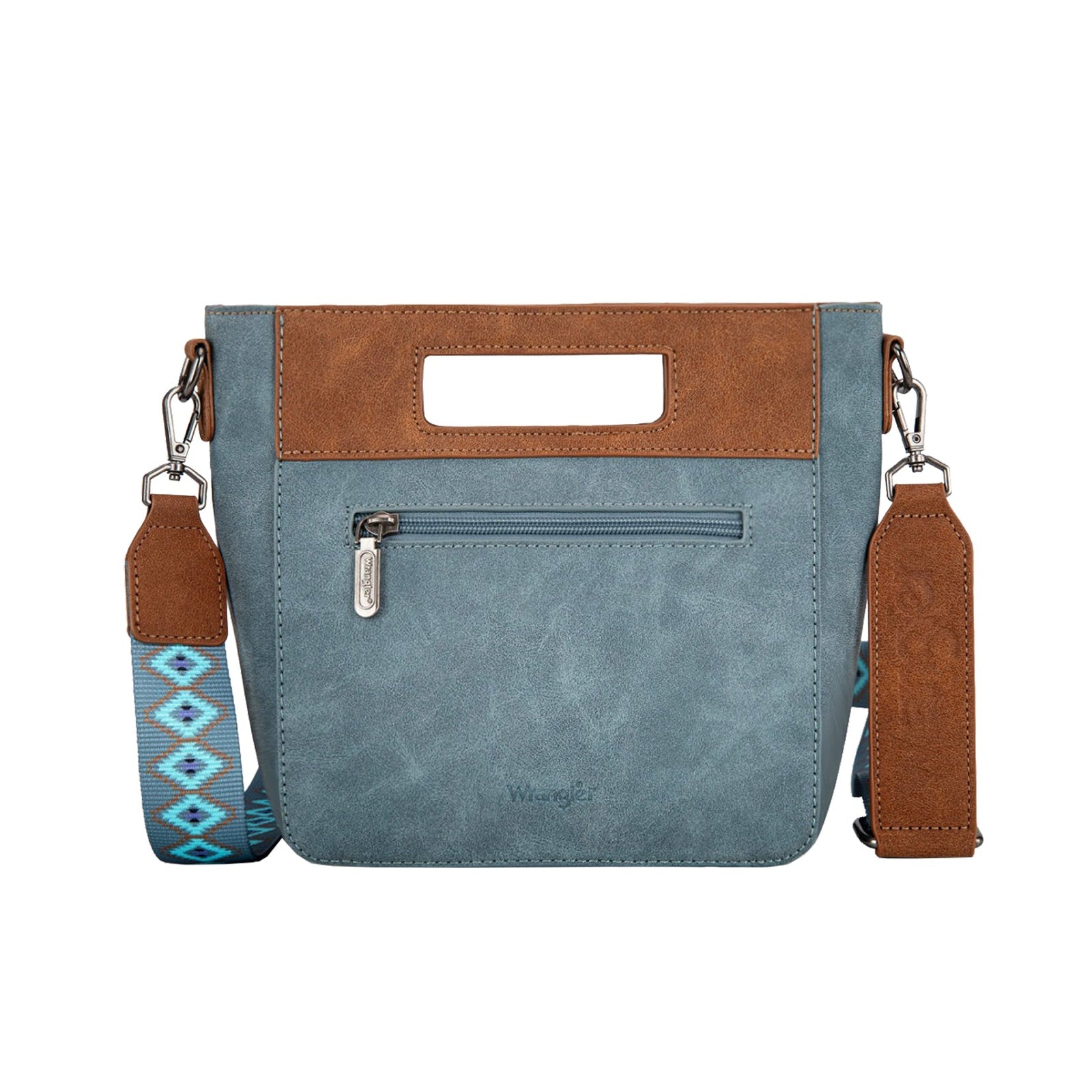 Wrangler Inez Embroidery Bag. Blue bag with brown handle and strap, featuring geometric patterns on a white background
