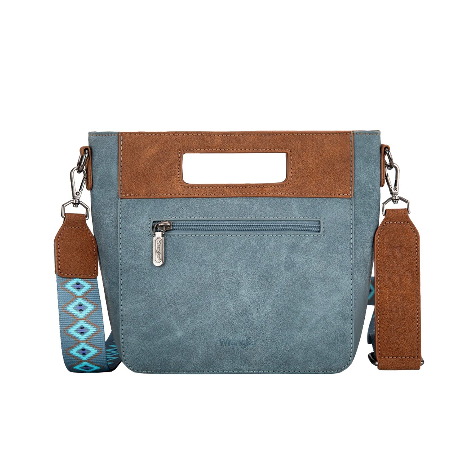 Wrangler Inez Embroidery Bag. Blue bag with brown handle and strap, featuring geometric patterns on a white background