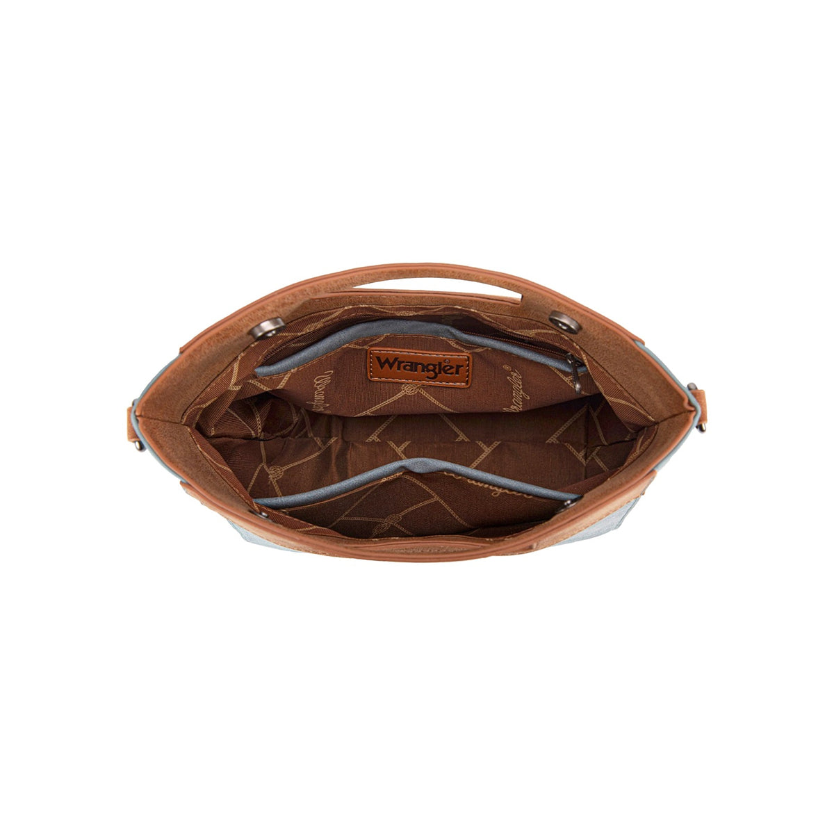 Wrangler Inez Embroidery Bag. Brown leather handbag with visible brand logo on a white background