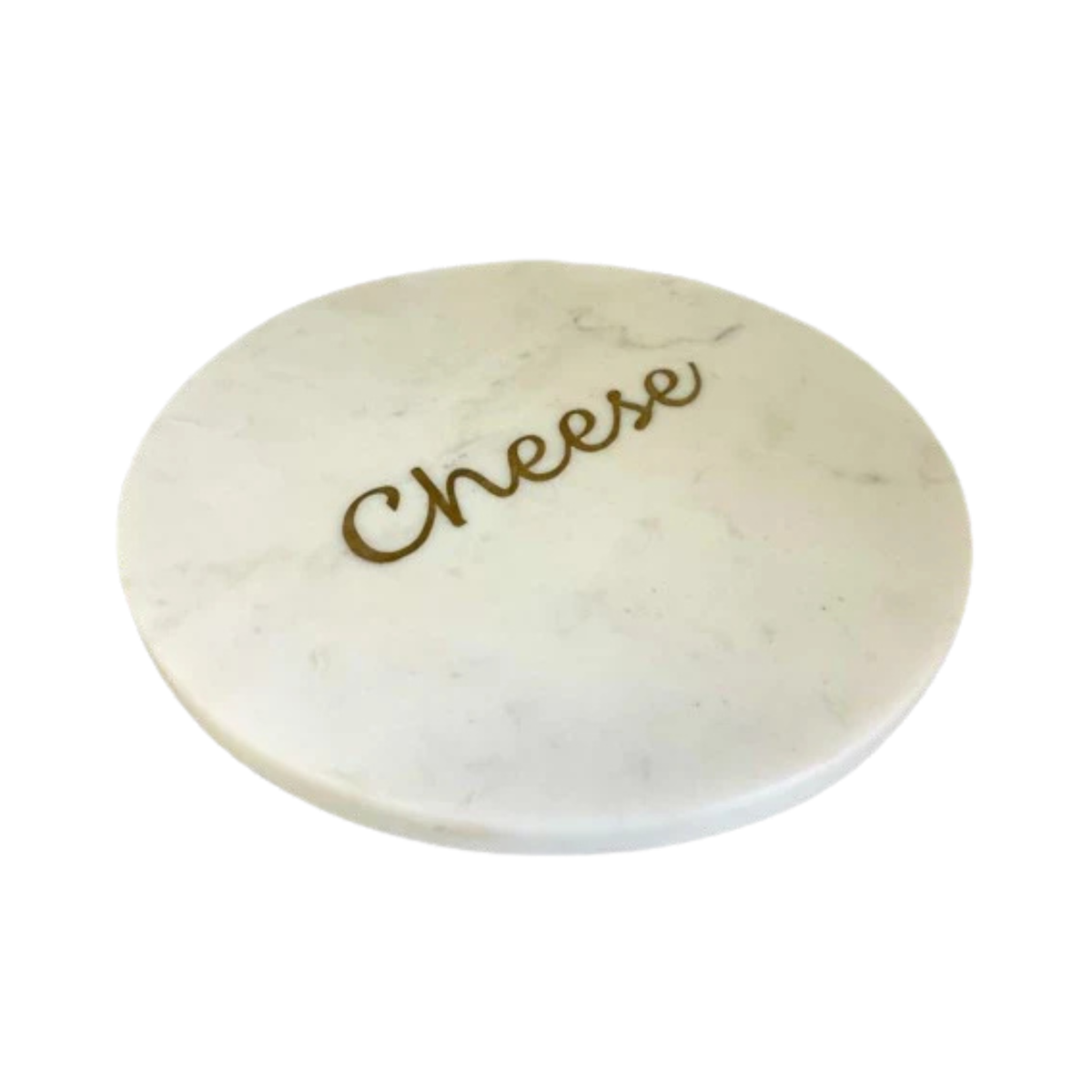 A round white marble cheese board with the word 'Cheese' written in elegant gold cursive script, isolated on a white background.