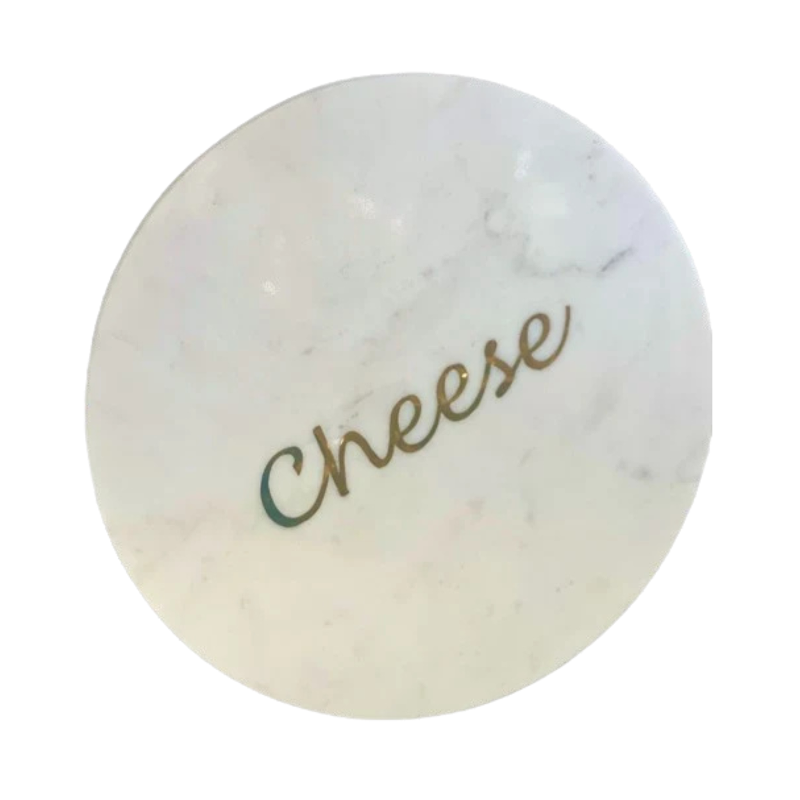 A round white marble cheese board or tray with the word 'Cheese' written in metallic gold script, isolated on a white background.