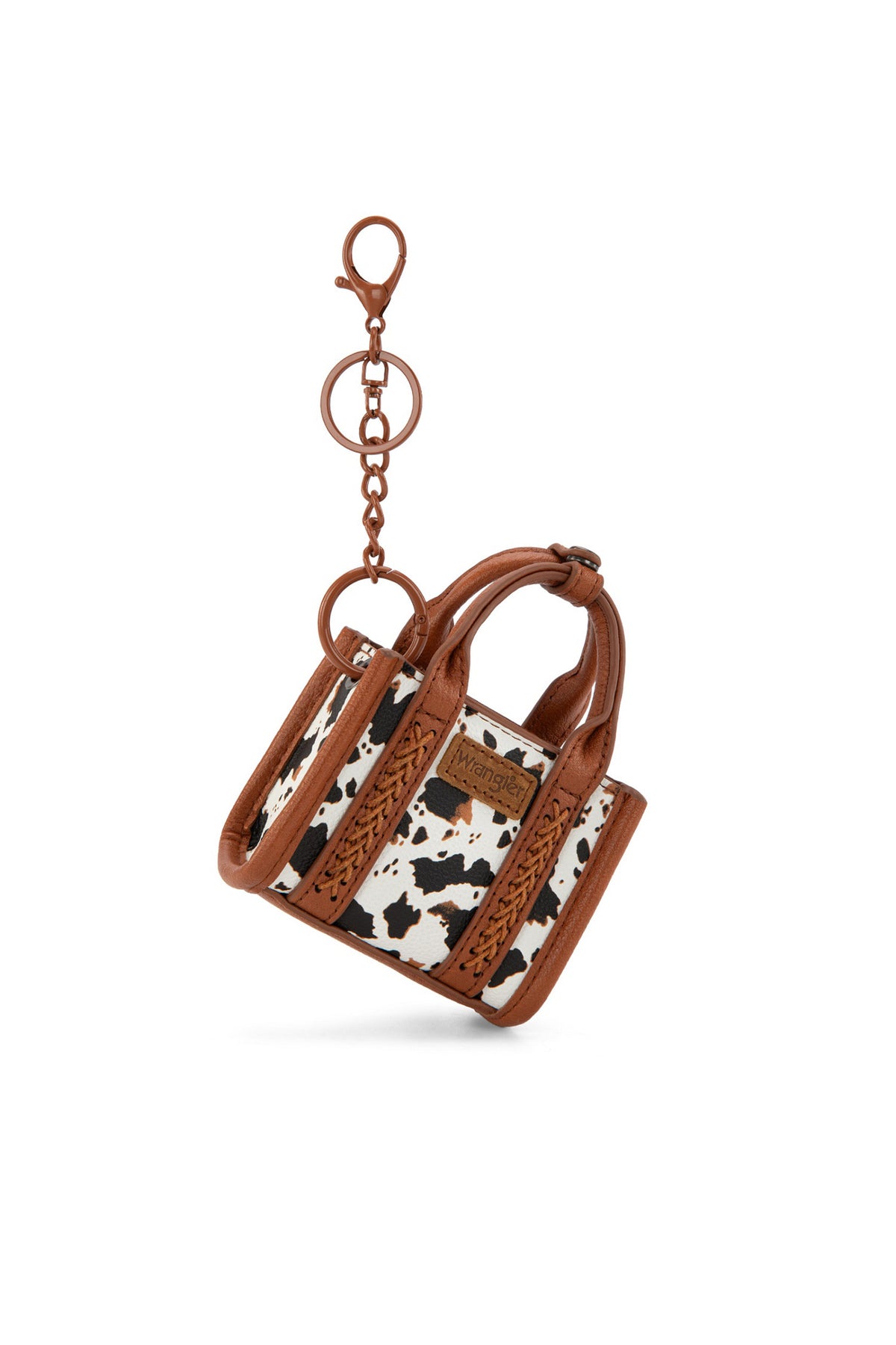 Wrangler Mini Fun Size Tote Blind Box. Cow print handbag keychain on a white background