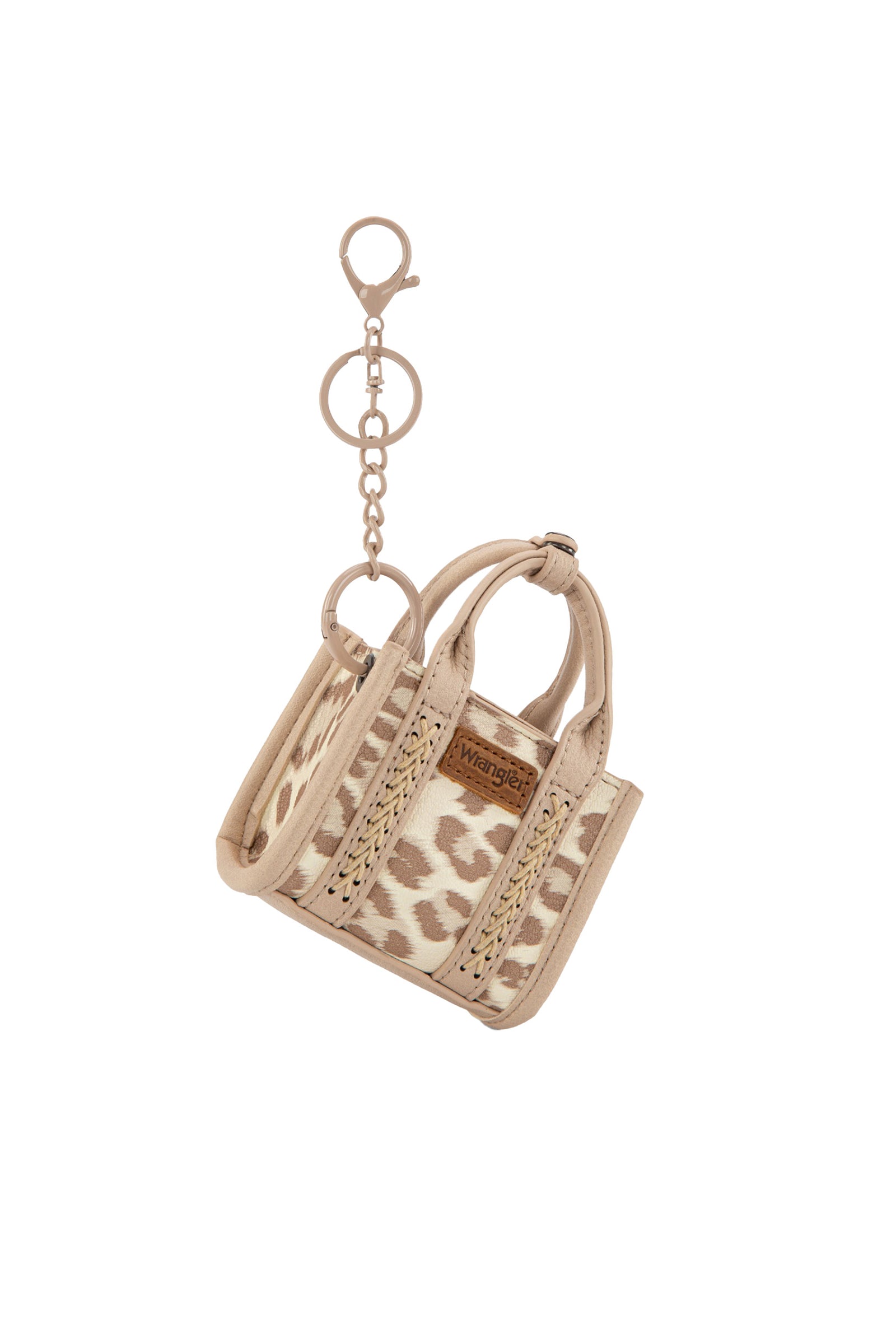 Wrangler Mini Fun Size Tote Blind Box. Leopard print handbag keychain on a white background