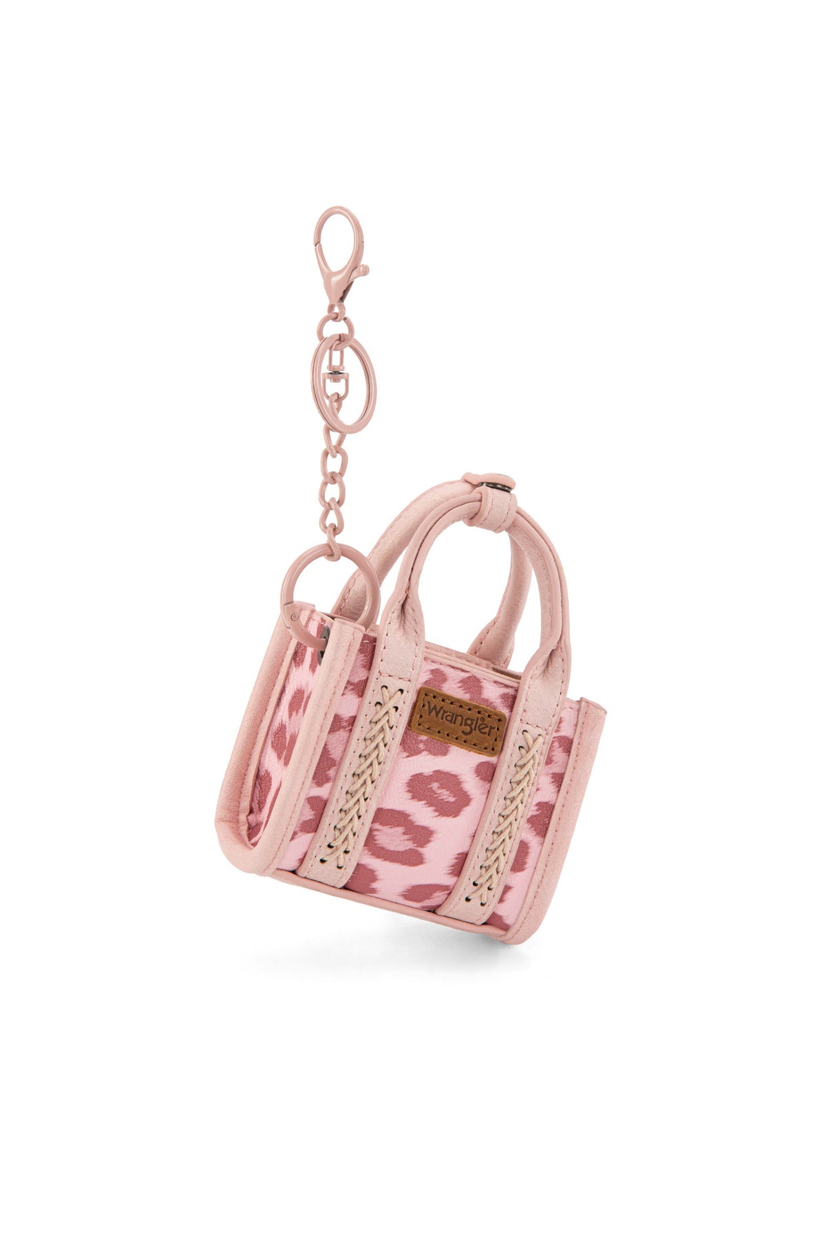 Wrangler Mini Fun Size Tote Blind Box. Pink leopard print handbag keychain on a white background