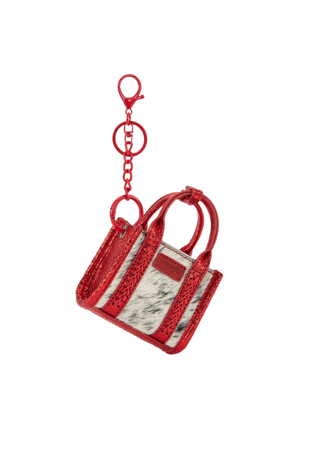 Wrangler Mini Fun Size Tote Blind Box. Red handbag keychain with a white interior on a white background