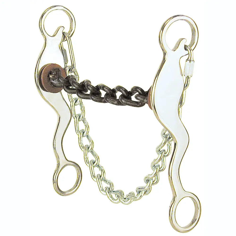 Reinsman Stage C Mike Beers Large Chain Shank Bit. A Reinsman Stage C Mike Beers Large Chain Shank Bit with silver and gold finish, featuring a curb chain and cheek attachments.