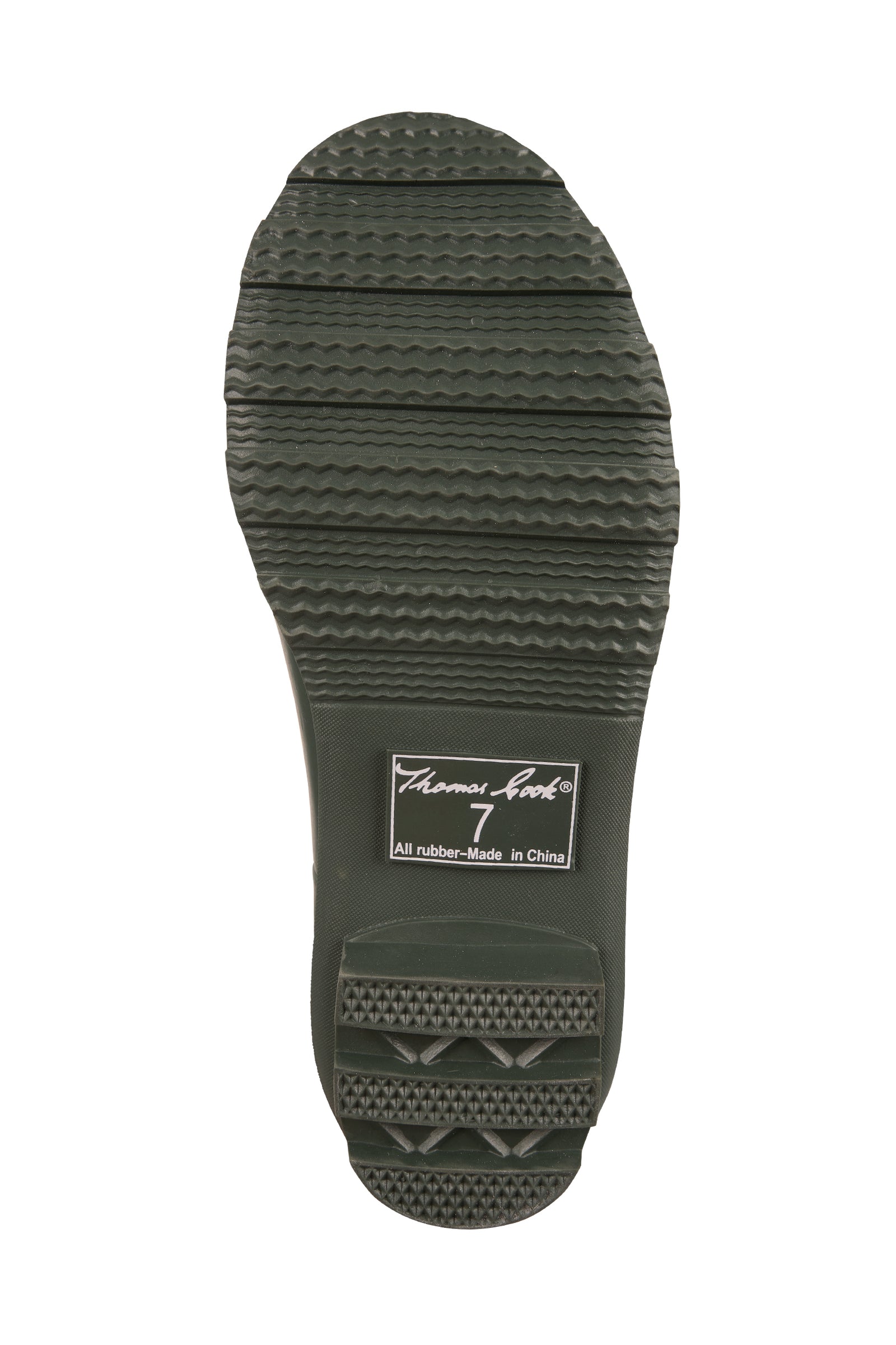 Black rubber sole of a shoe with brand logo on a white background