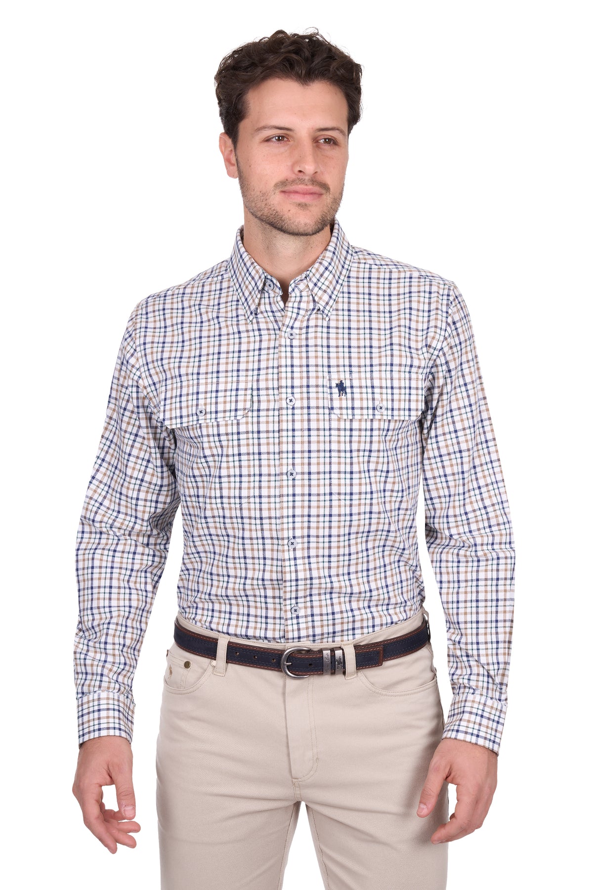 Man wearing a checkered shirt and beige pants on a white background