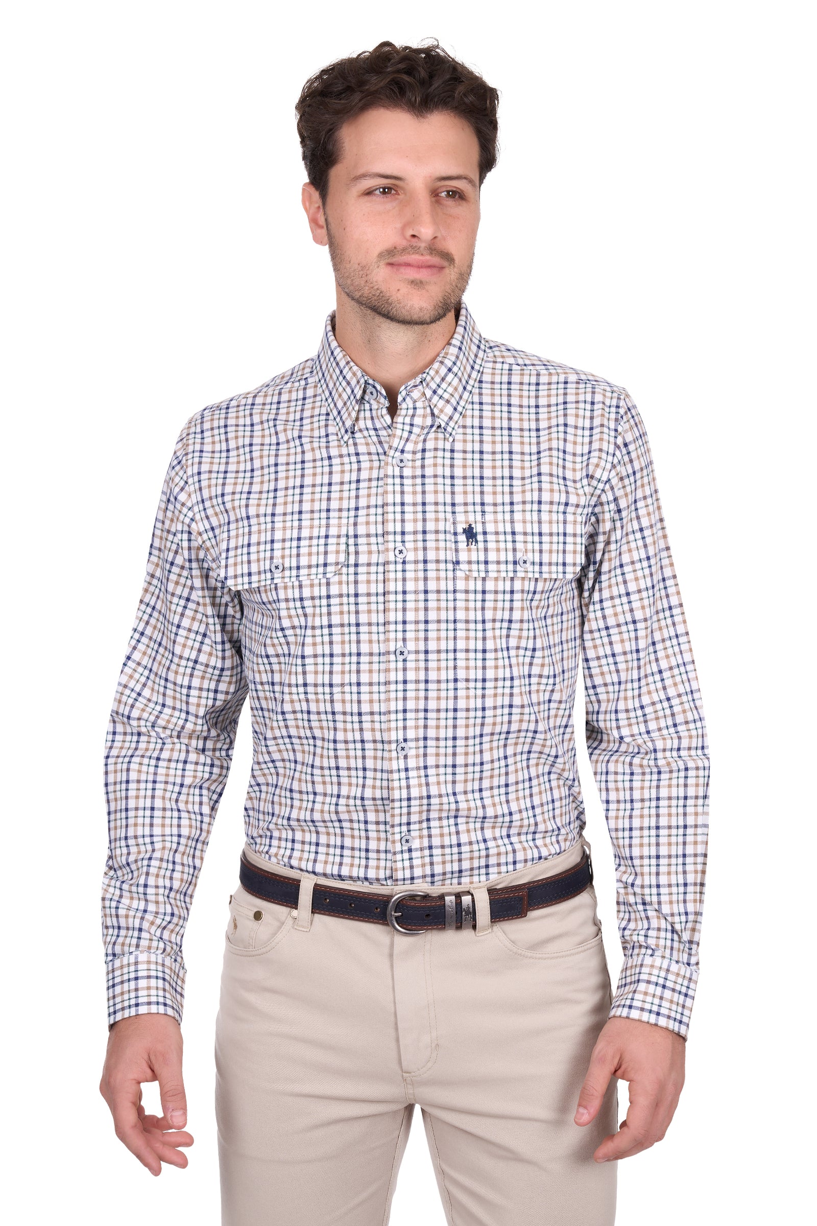Man wearing a checkered shirt and beige pants on a white background