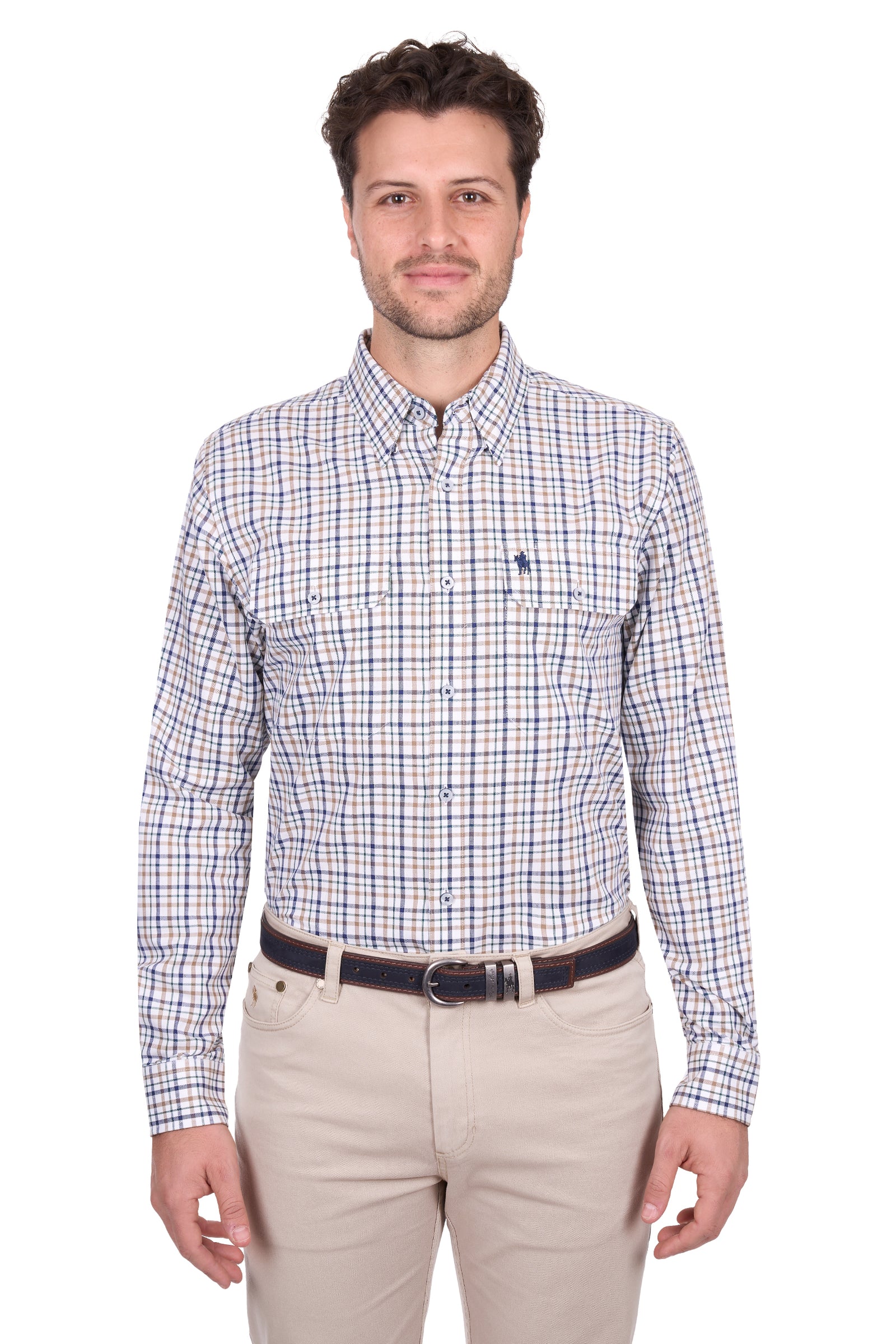 Man wearing a checkered shirt and beige pants on a white background