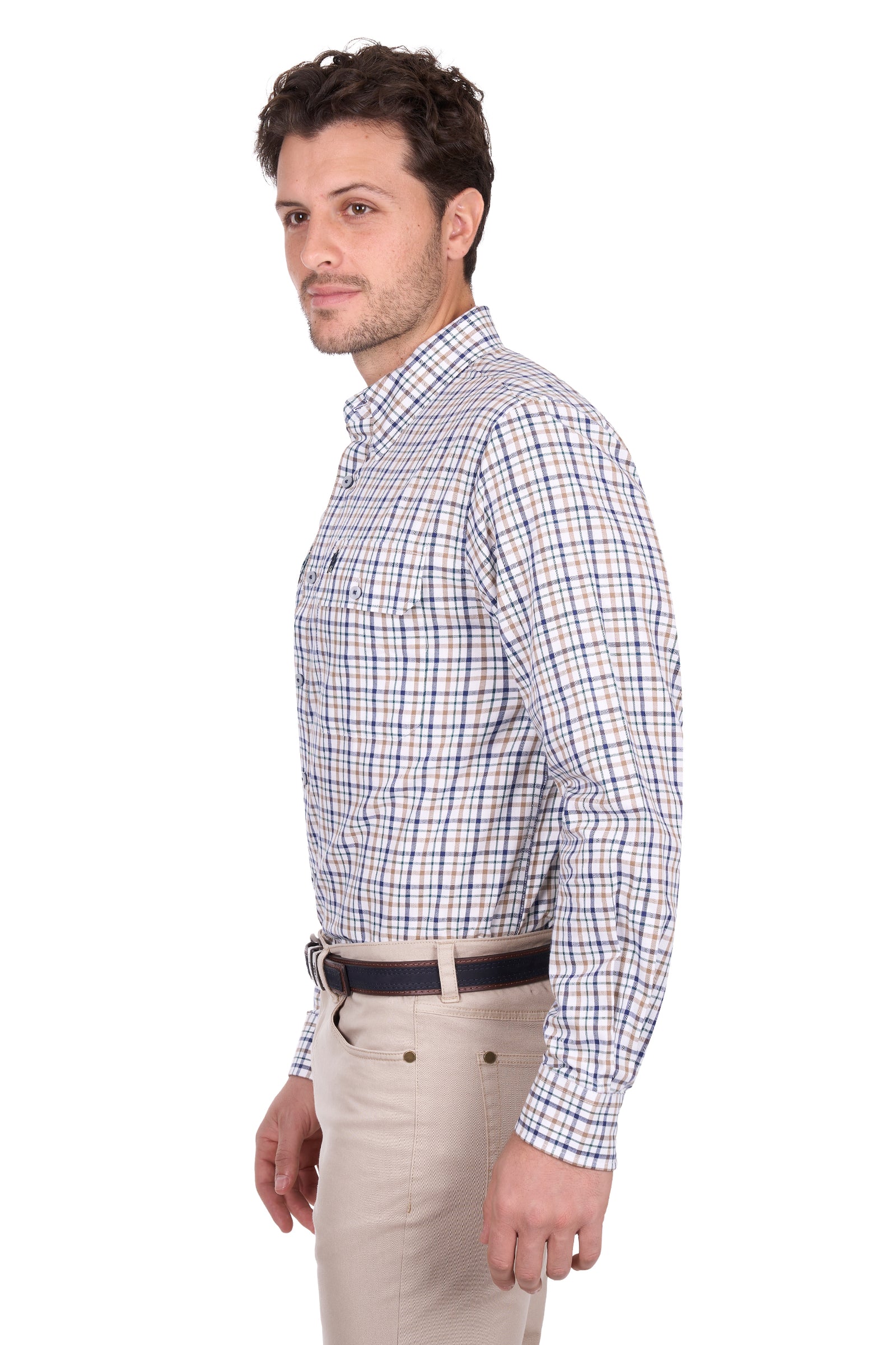 Man wearing a checkered shirt and beige pants on a white background