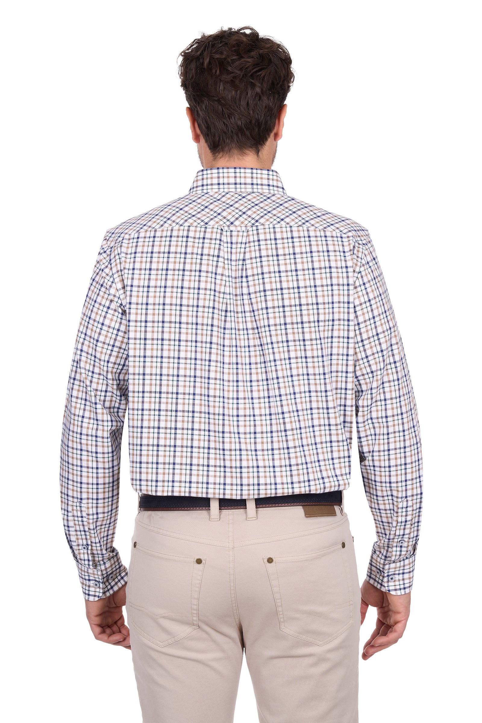 Man wearing a checkered shirt and beige pants on a white background