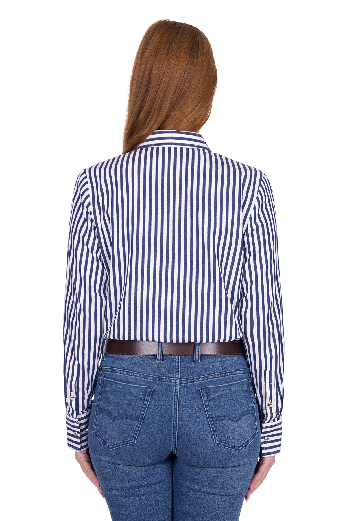 Person wearing a blue and white striped shirt and blue jeans on a white background