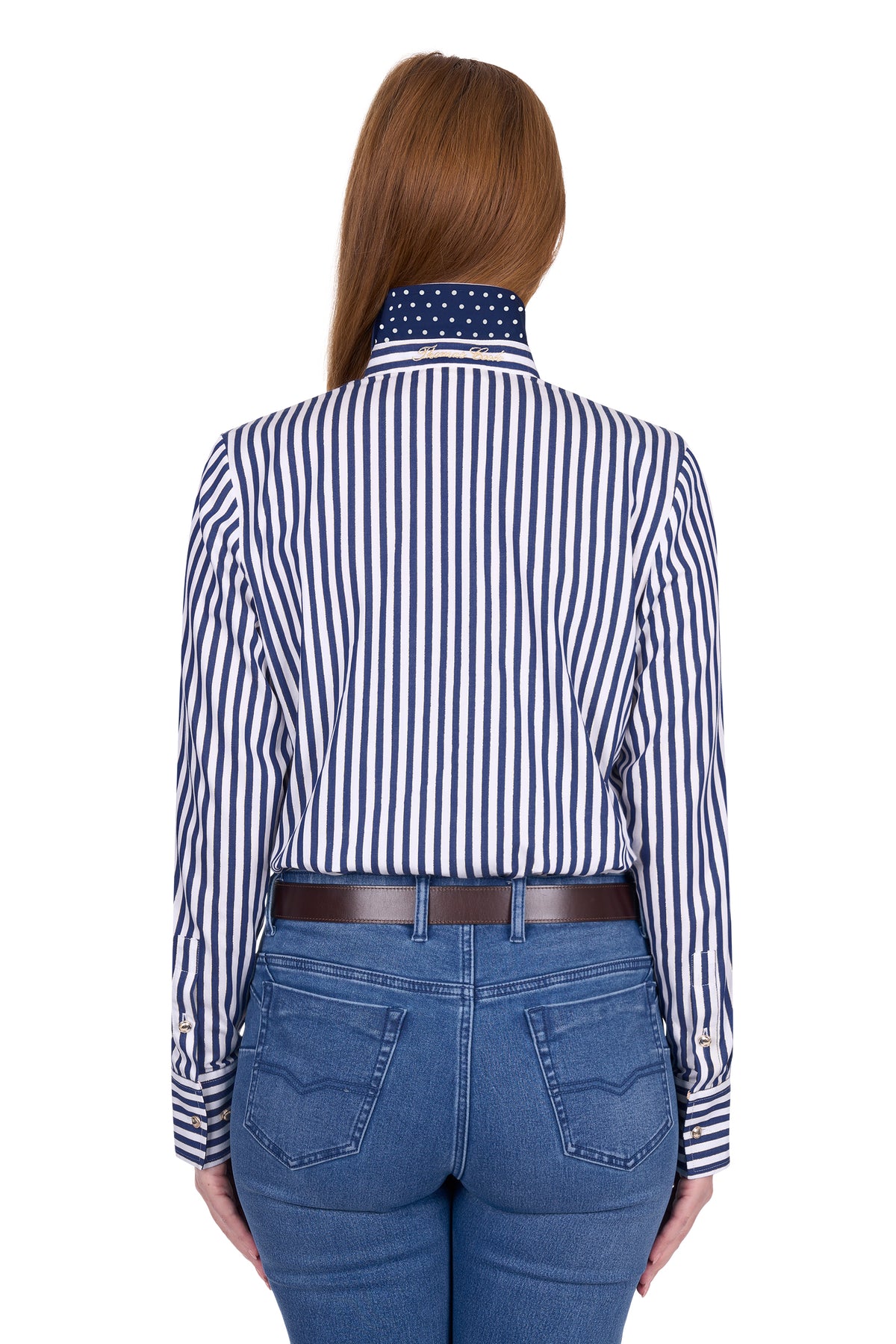 Person wearing a blue and white striped shirt and blue jeans on a white background