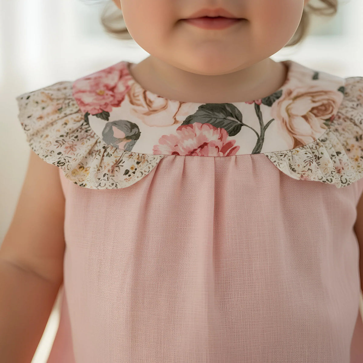 Close-up of a child wearing a sleeveless dusty pink dress with a large ruffled collar featuring a floral print in pink, beige, and green.