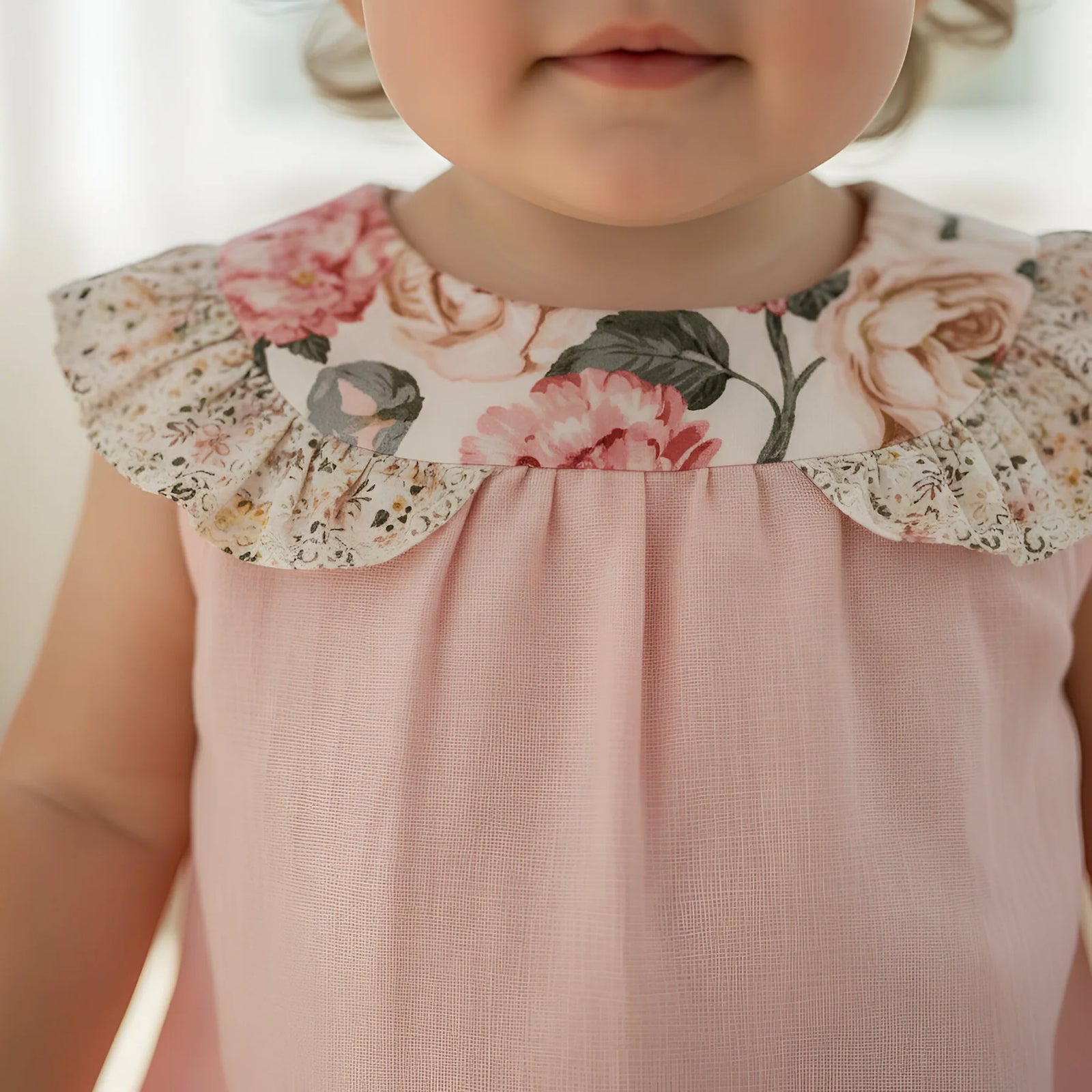 Close-up of a child wearing a sleeveless dusty pink dress with a large ruffled collar featuring a floral print in pink, beige, and green.