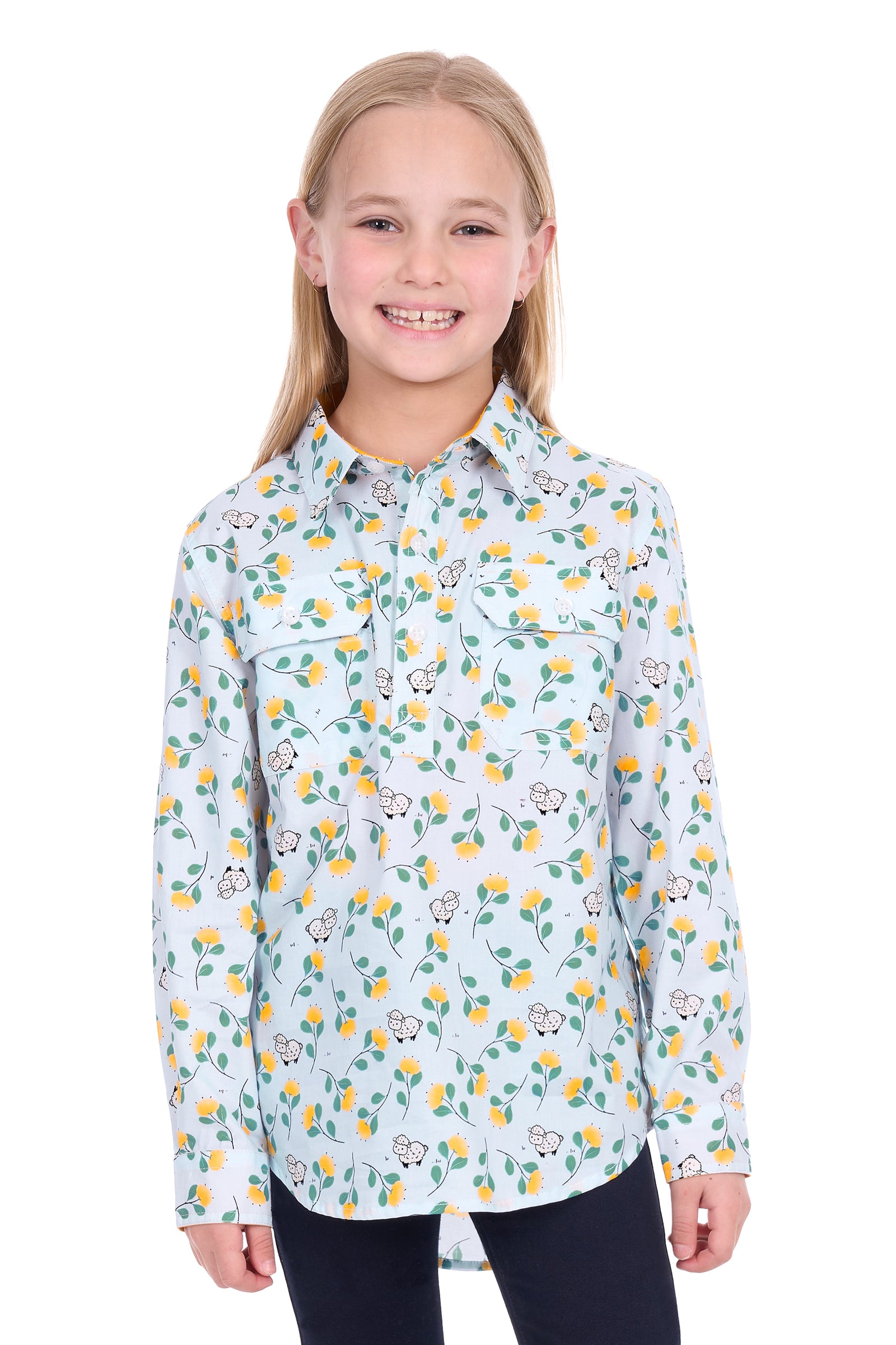 Young girl wearing a floral patterned shirt on a white background