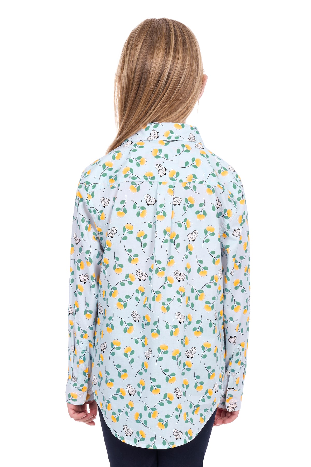 Woman wearing a floral patterned shirt on a white background