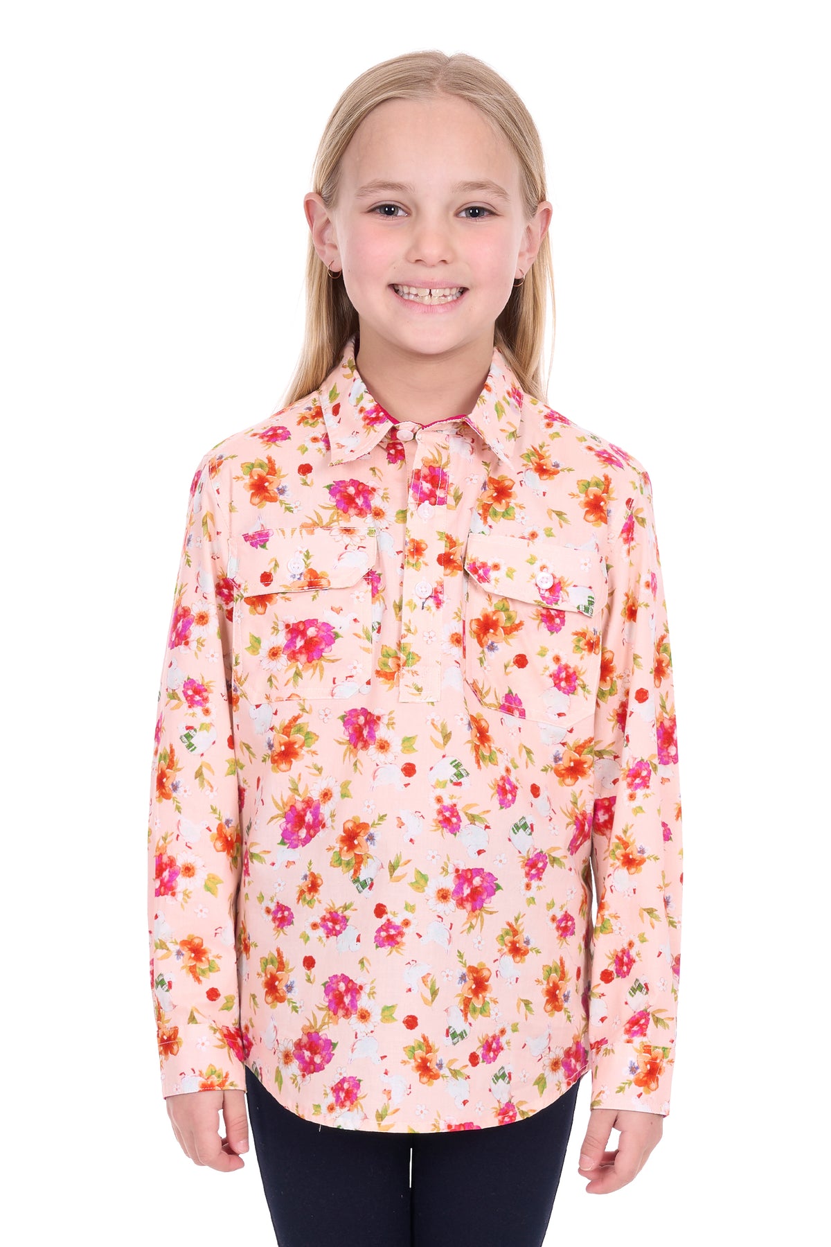 Young girl wearing a floral shirt on a white background