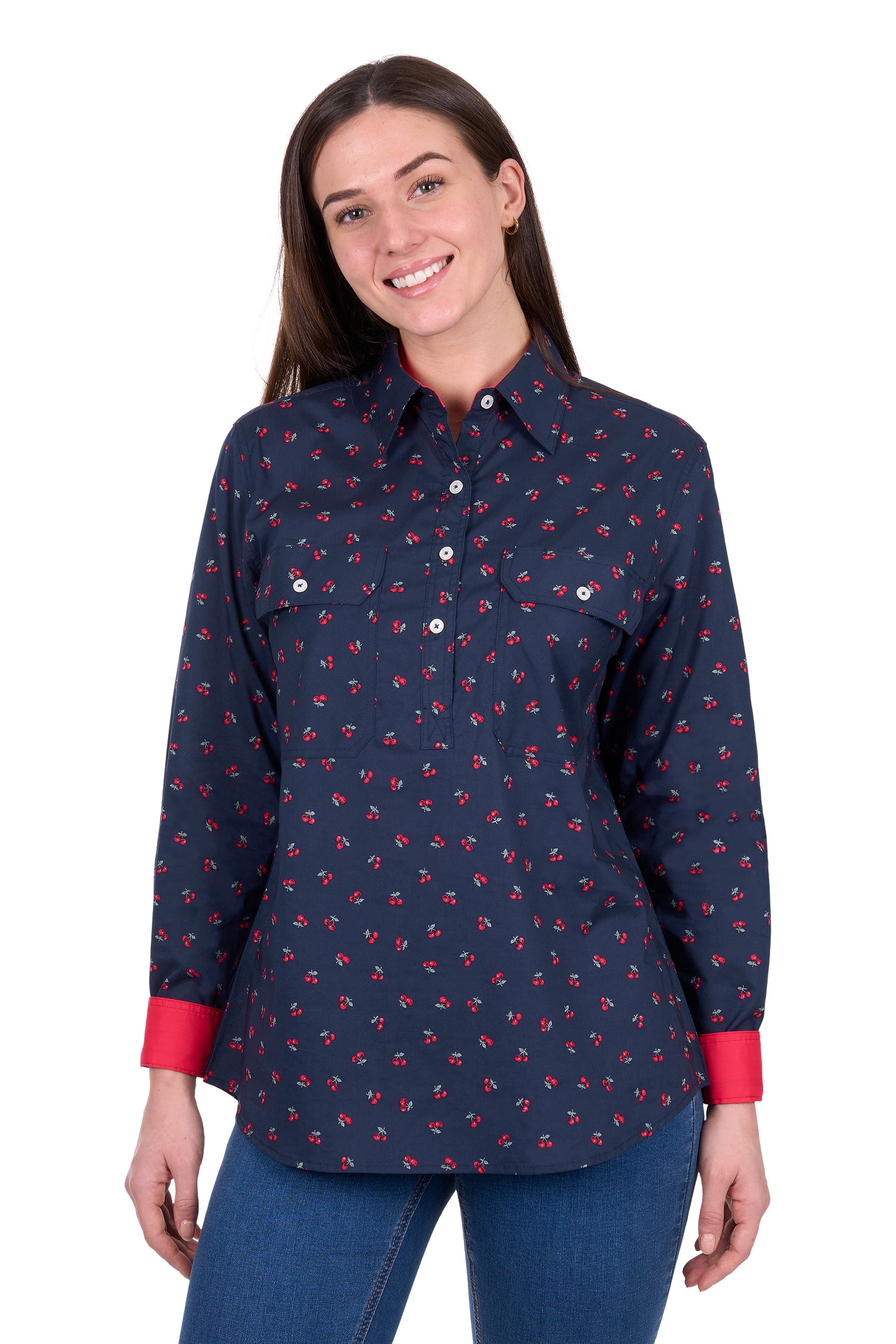 Woman wearing a navy blue shirt with red pattern on a white background