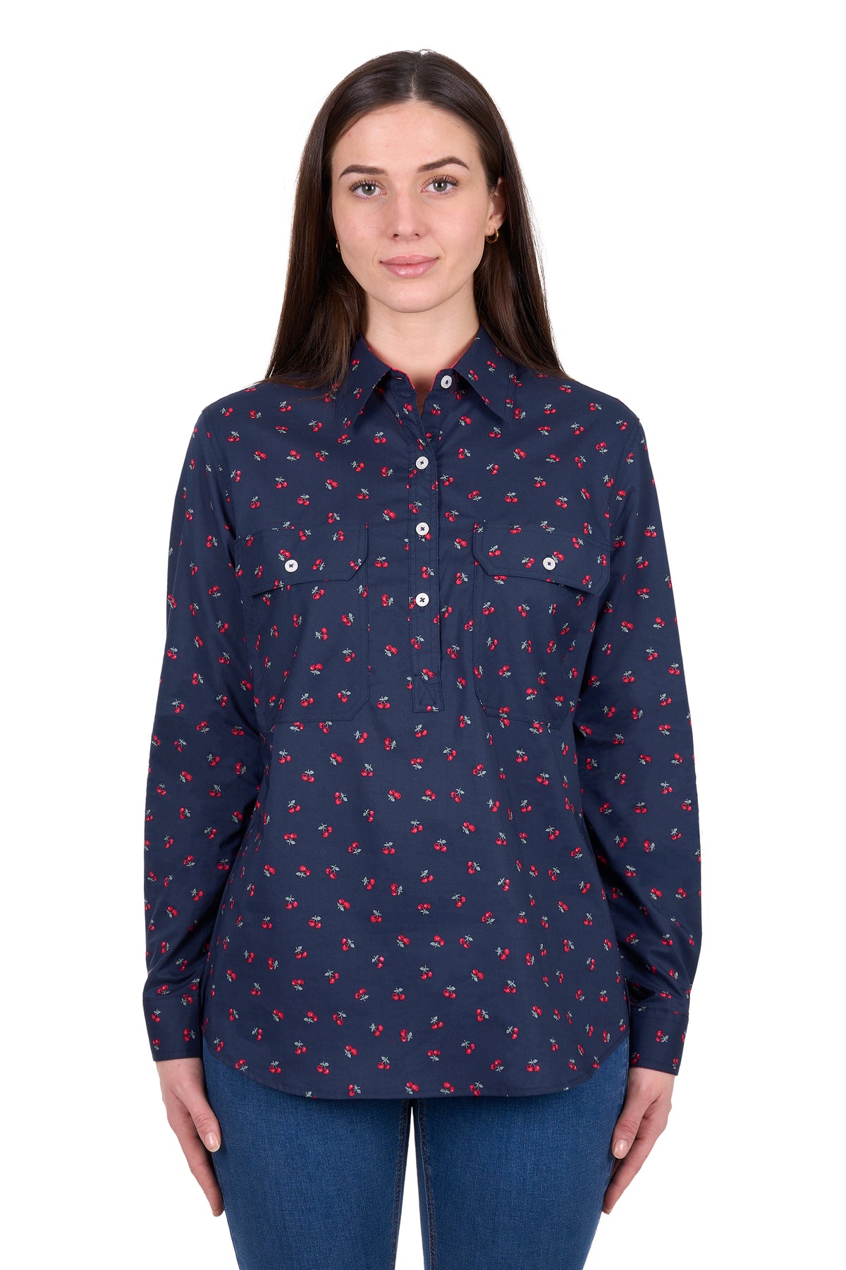 Woman wearing a navy blue shirt with a subtle pattern on a white background