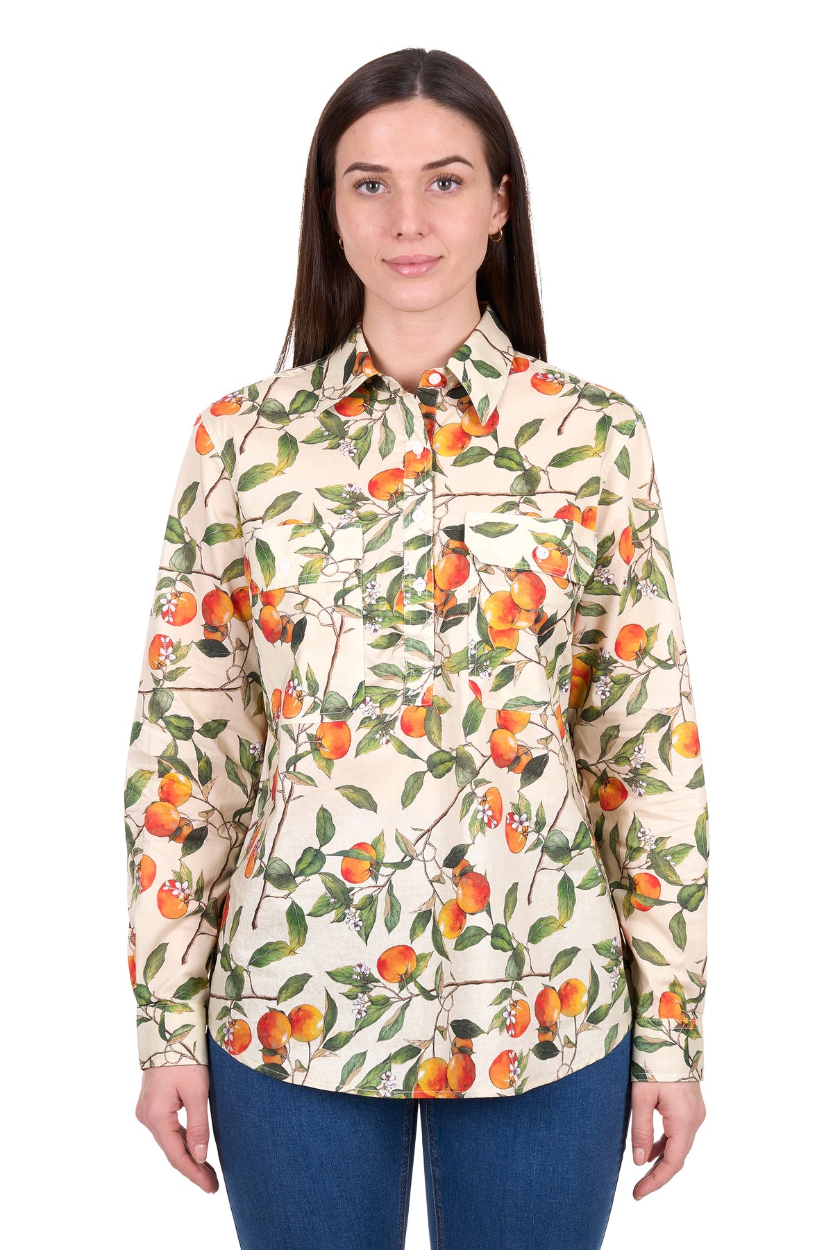 Woman wearing a floral patterned shirt with a white background
