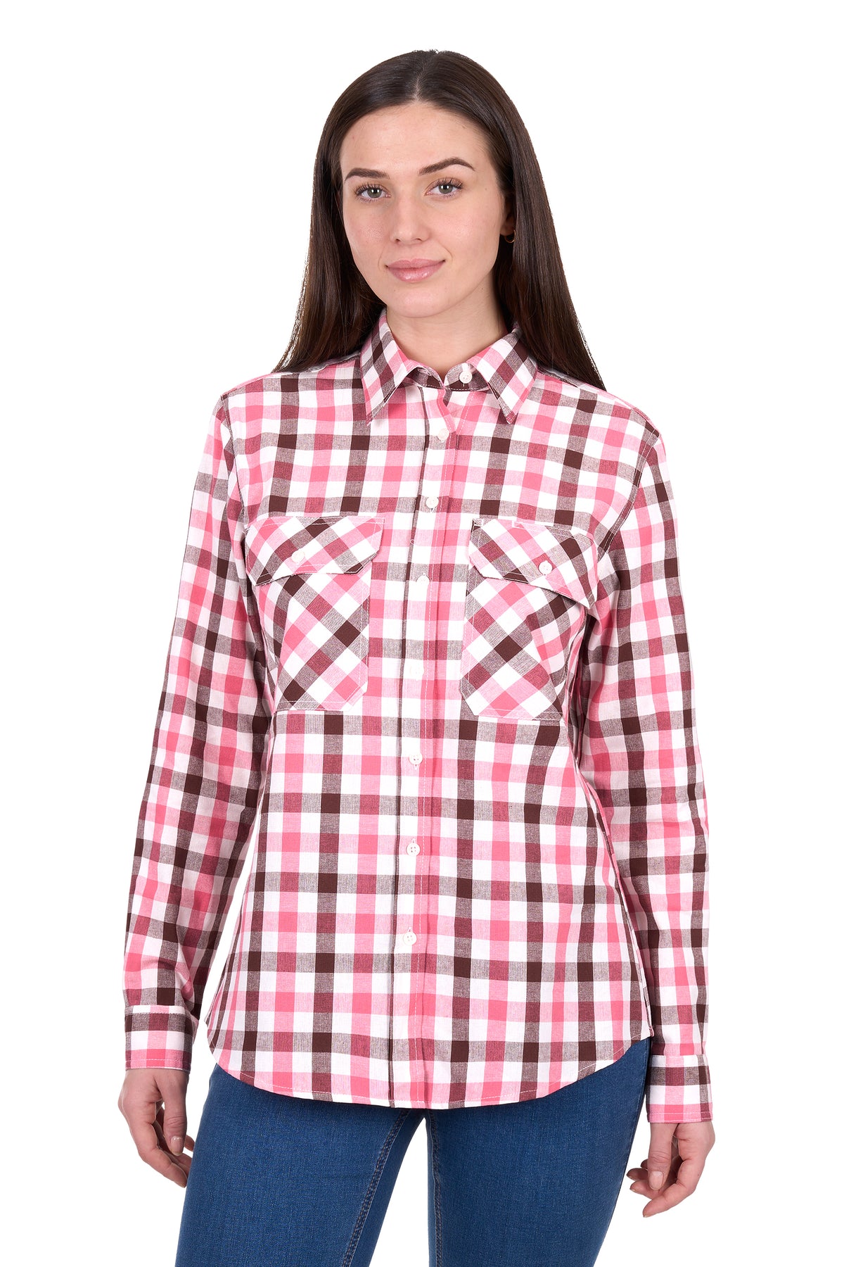 Woman wearing a red and white checkered shirt on a white background