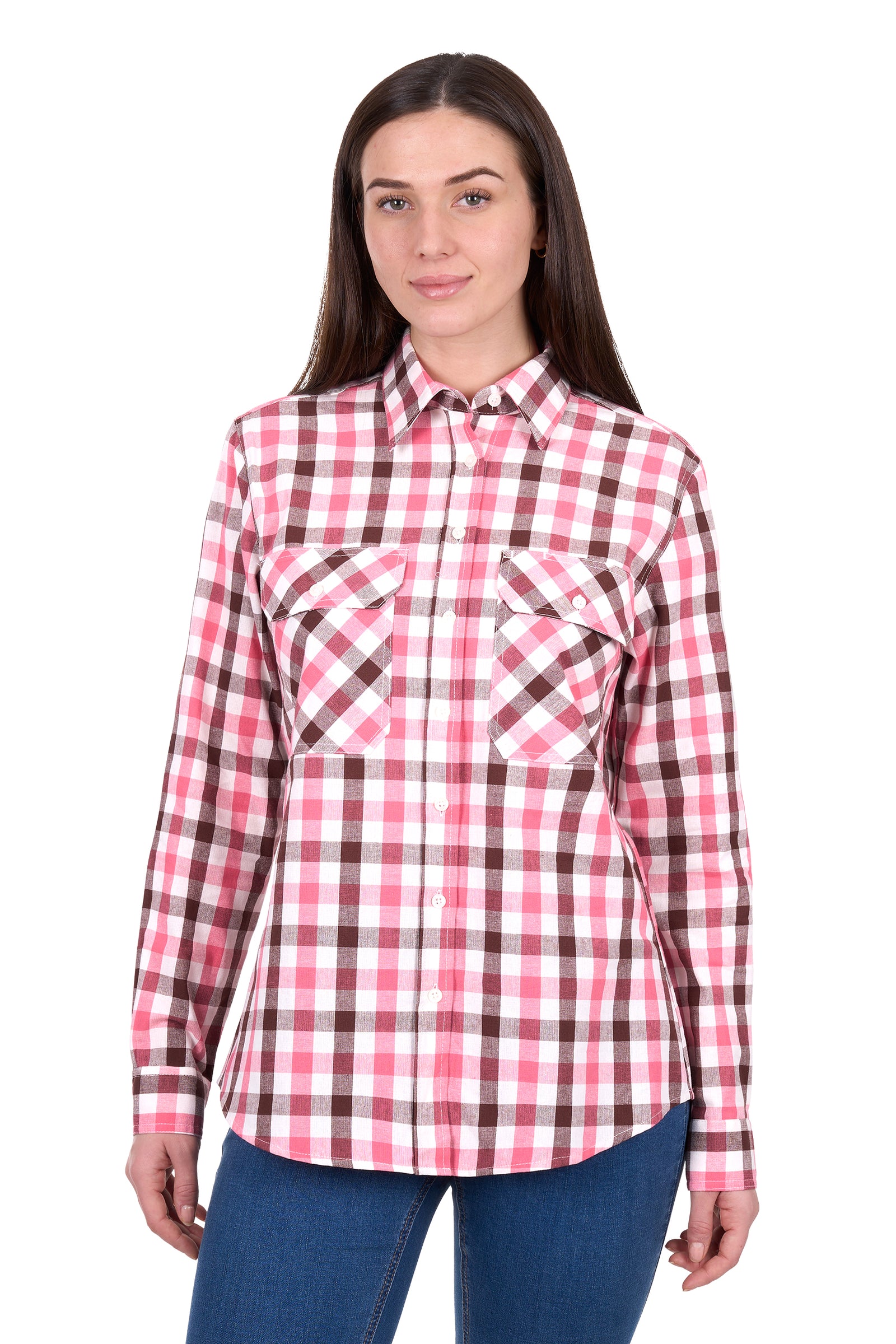 Woman wearing a red and white checkered shirt on a white background