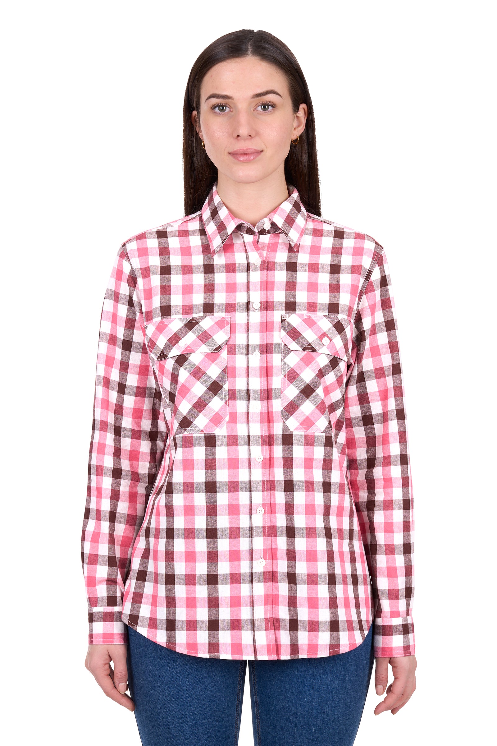 Woman wearing a pink and red plaid shirt on a white background